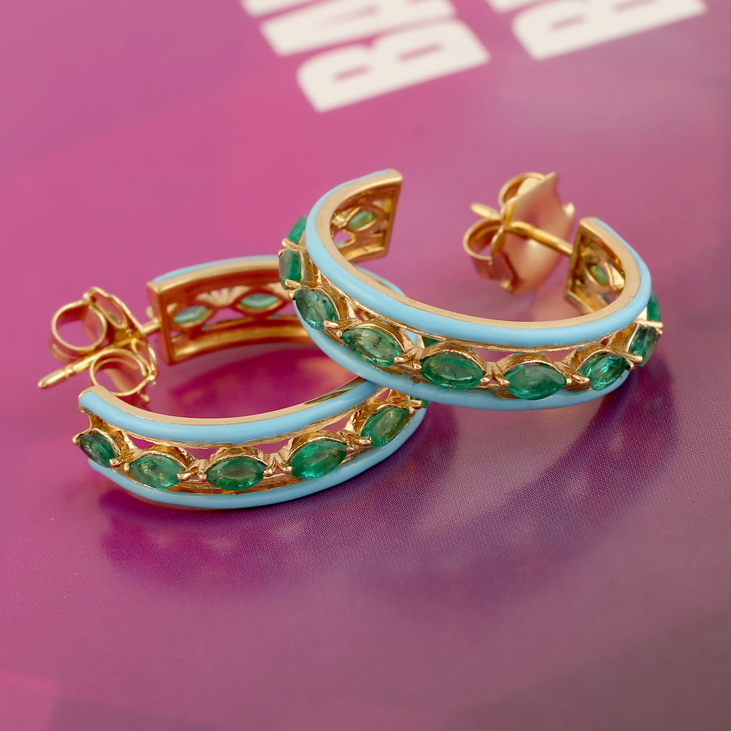 Marquise Emerald Gemstone Enamel Hoop Earrings In Yellow Gold