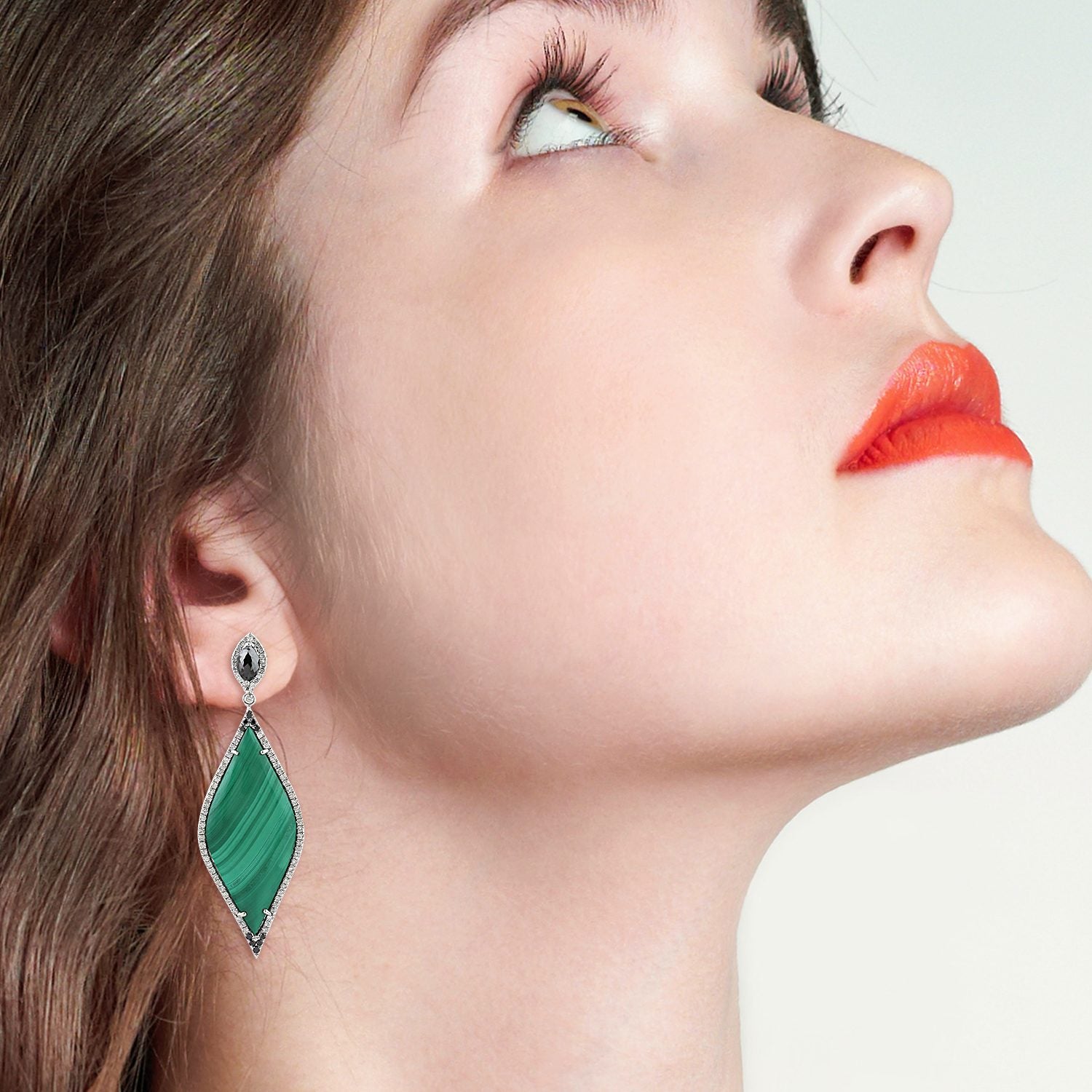 Natural Malachite & Diamond Marquise Dangle Earrings In White Gold