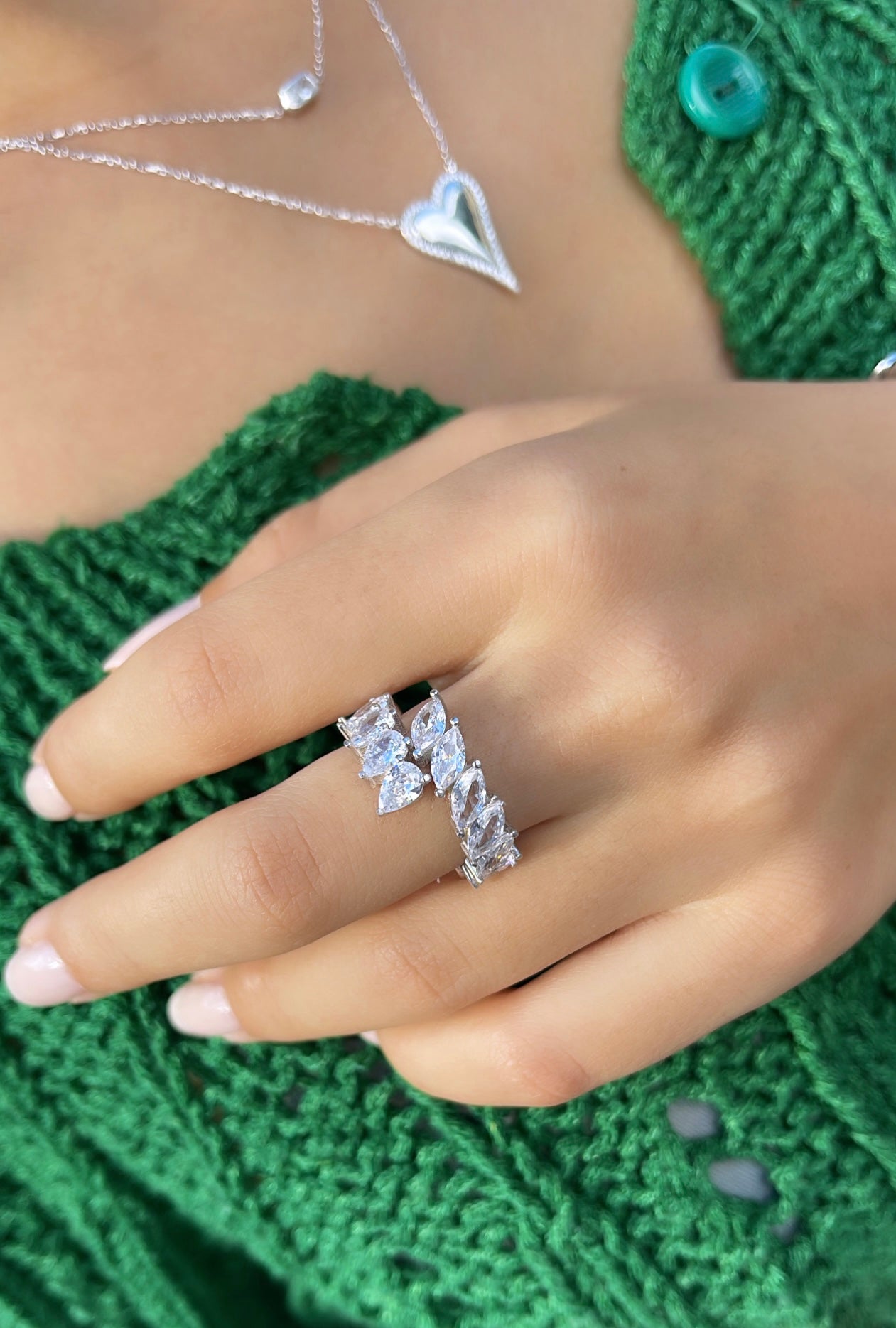 Marquise & Pear Shaped Wrap Statement Ring - Silver
