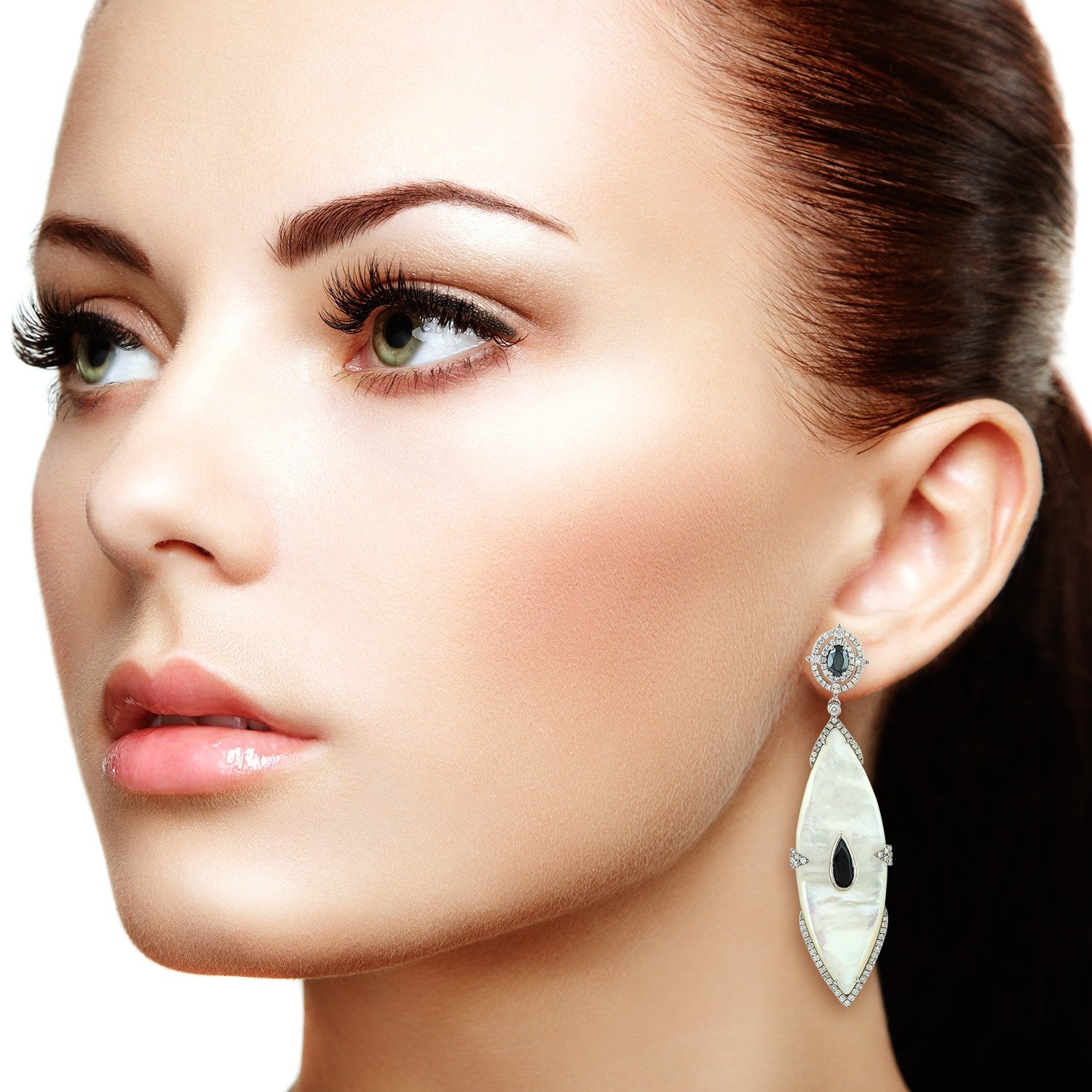 Mother Of Pearl & Spinel Pave Diamond Marquise Earrings In White Gold