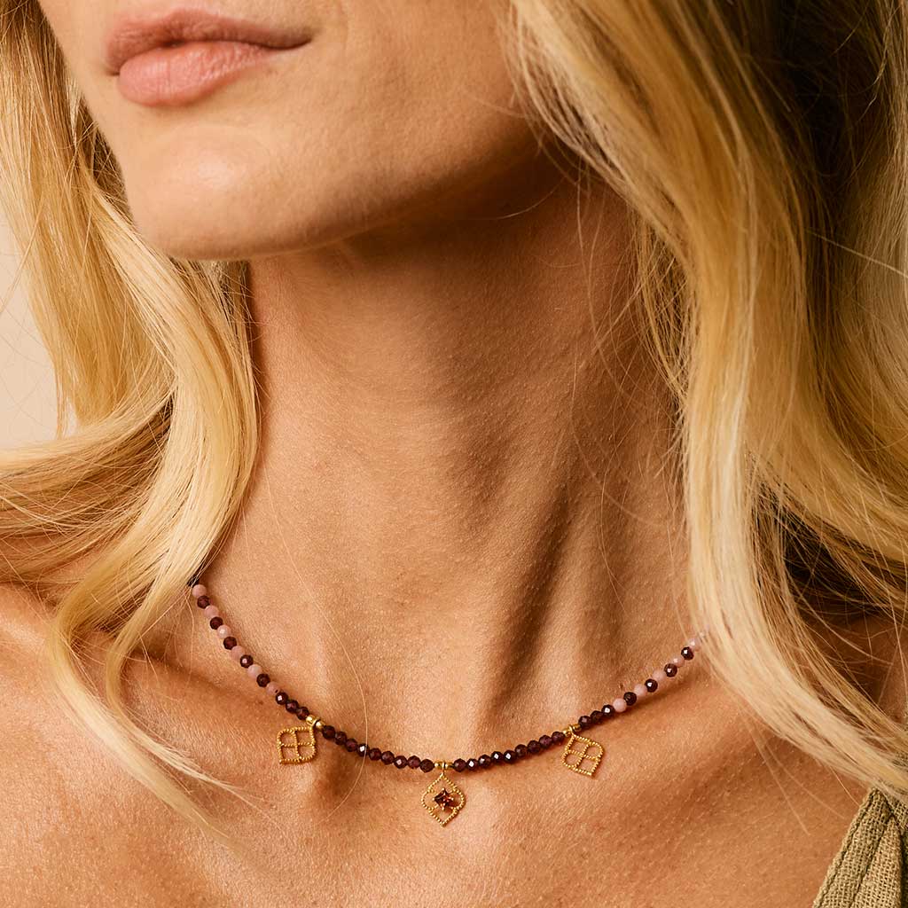 Marrakesh Sunrise Gold Beaded Necklace - Garnet & Rhodonite
