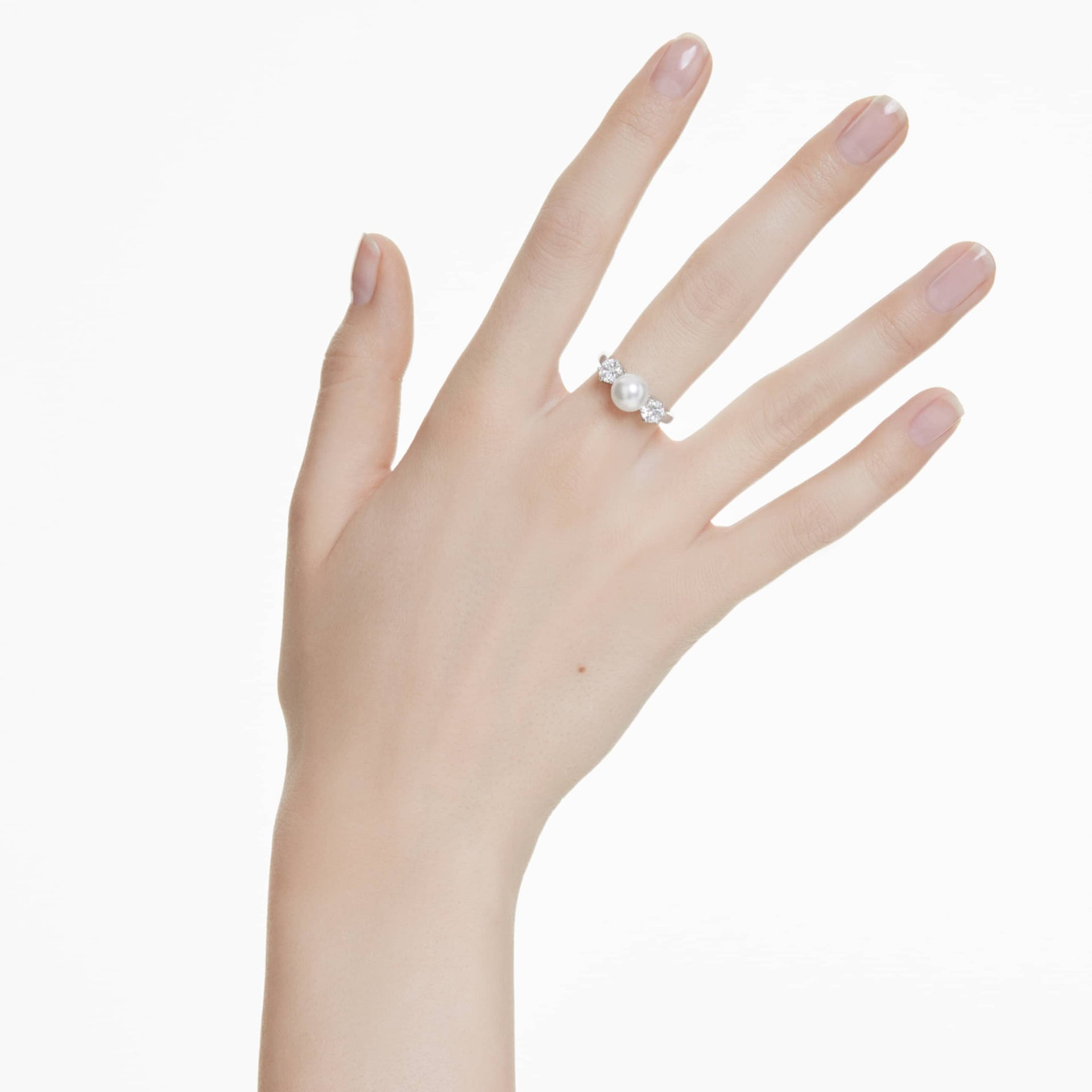MATRIX COCKTAIL RING CRYSTAL PEARL ROUND CUT WHITE RHODIUM PLATED