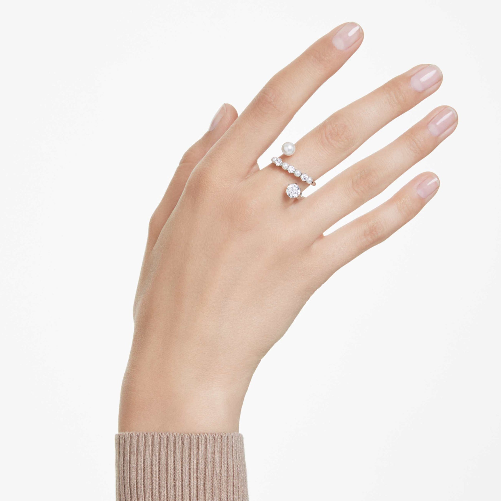 MATRIX COCKTAIL RING CRYSTAL PEARL ROUND CUT WHITE RHODIUM PLATED