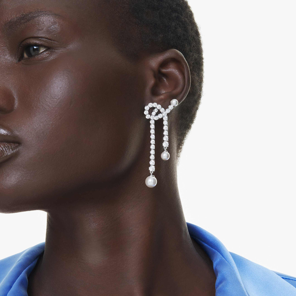 MATRIX DROP EARRINGS CRYSTAL PEARL ROUND CUT WHITE RHODIUM PLATED