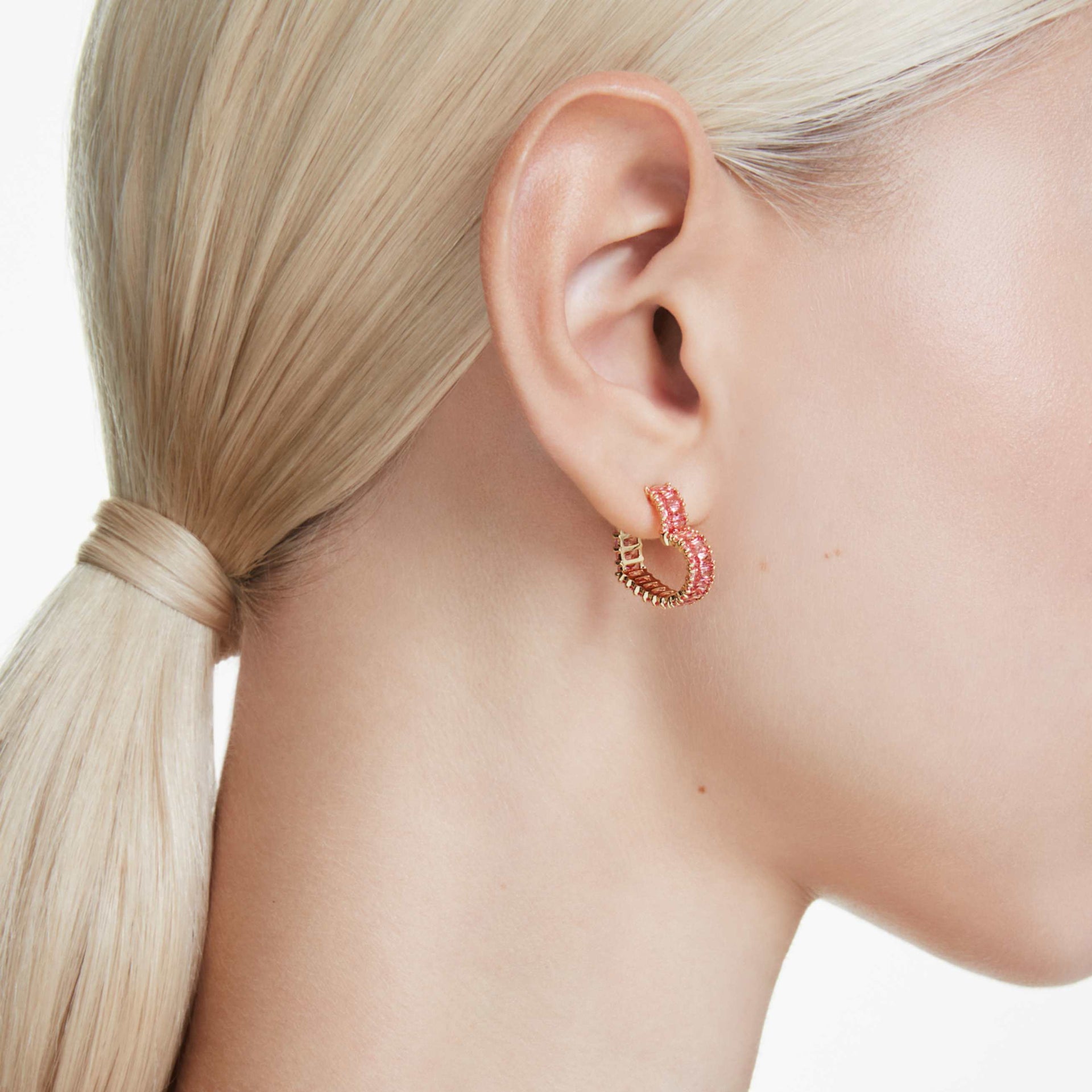 MATRIX HOOP EARRINGS BAGUETTE CUT HEART SMALL PINK GOLD TONE PLATED