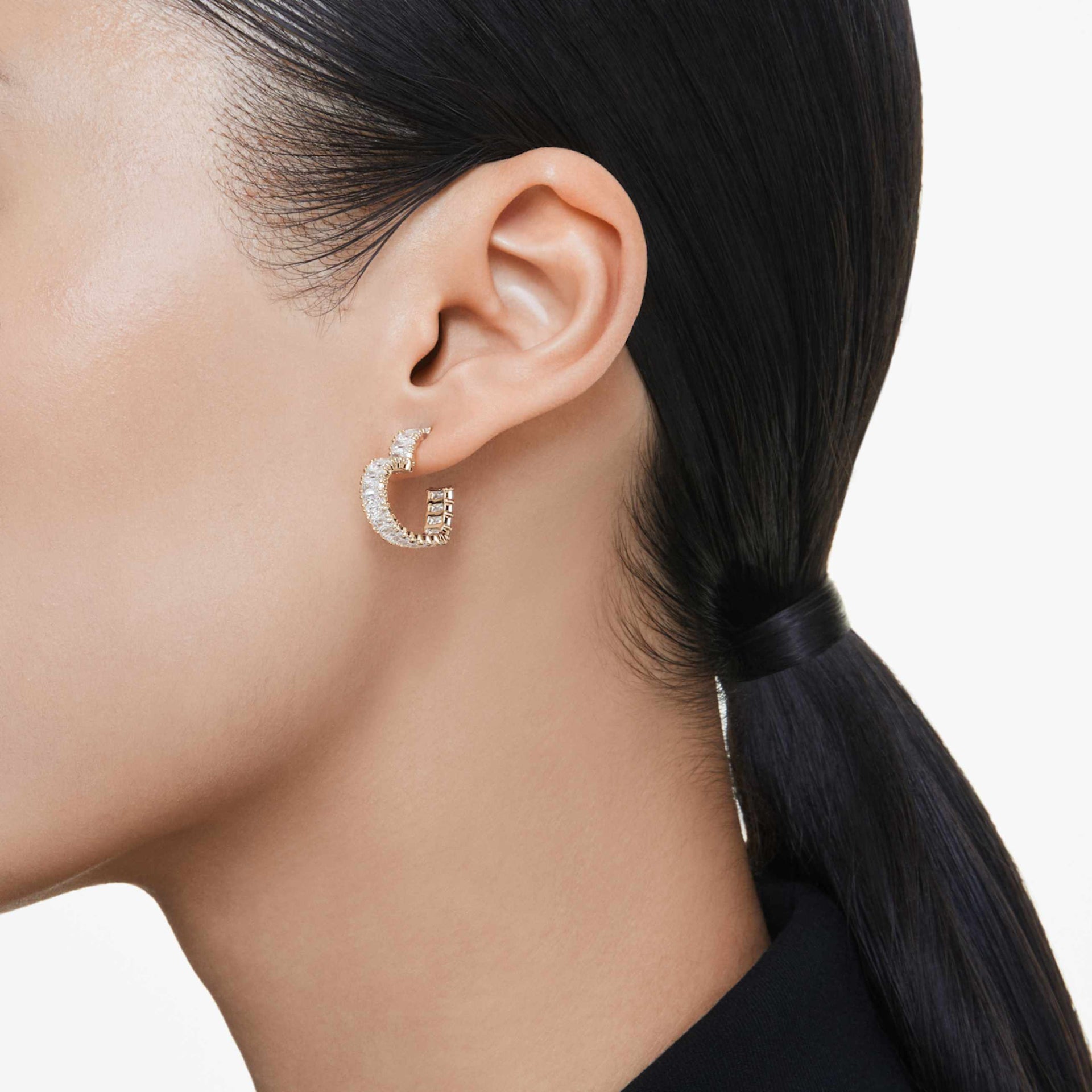 MATRIX HOOP EARRINGS BAGUETTE CUT HEART SMALL WHITE GOLD TONE PLATED