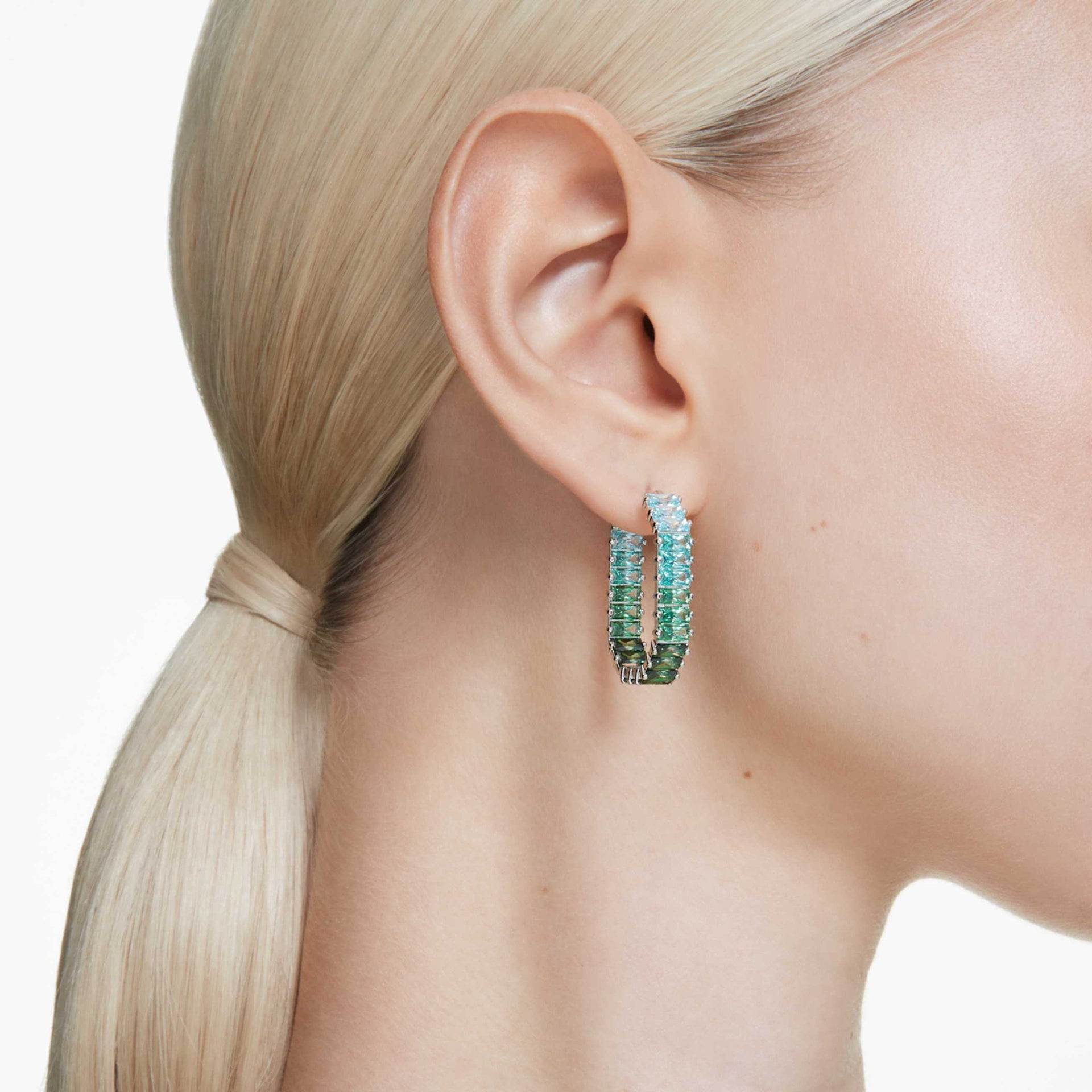 MATRIX HOOP EARRINGS BAGUETTE CUT OCTAGON SHAPE COLOR GRADIENT GREEN RHODIUM PLATED