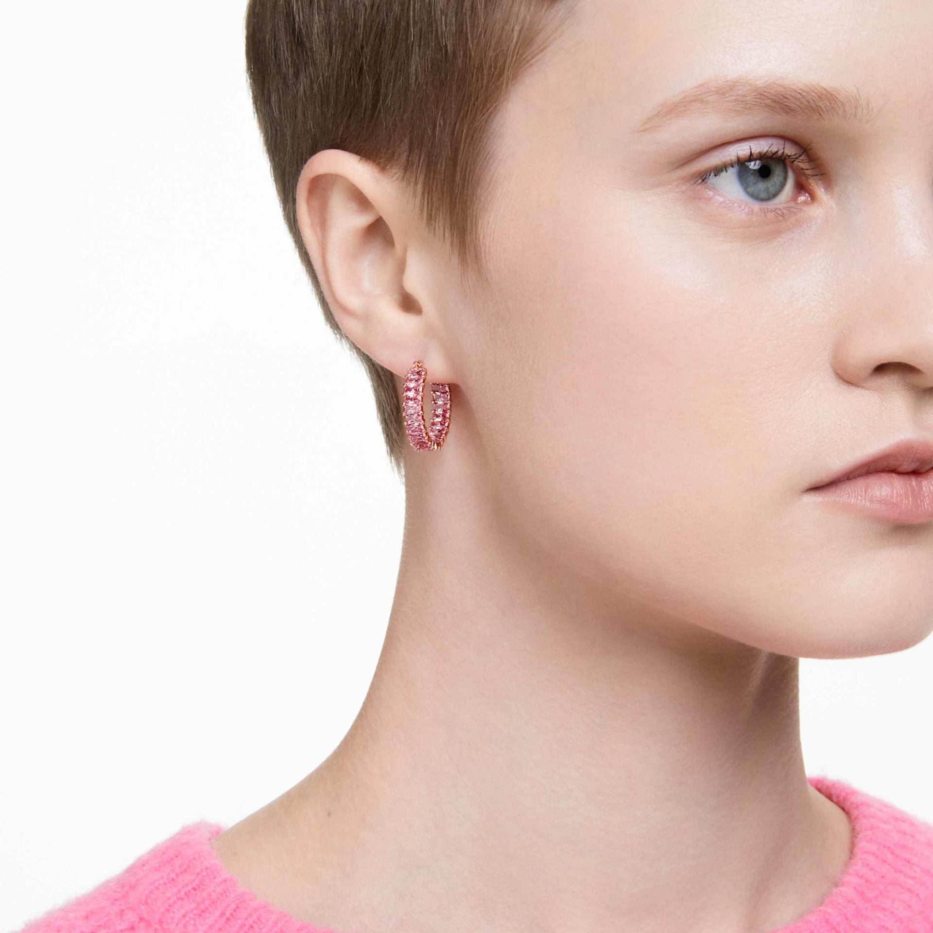 MATRIX HOOP EARRINGS BAGUETTE CUT PINK ROSE GOLD TONE PLATED