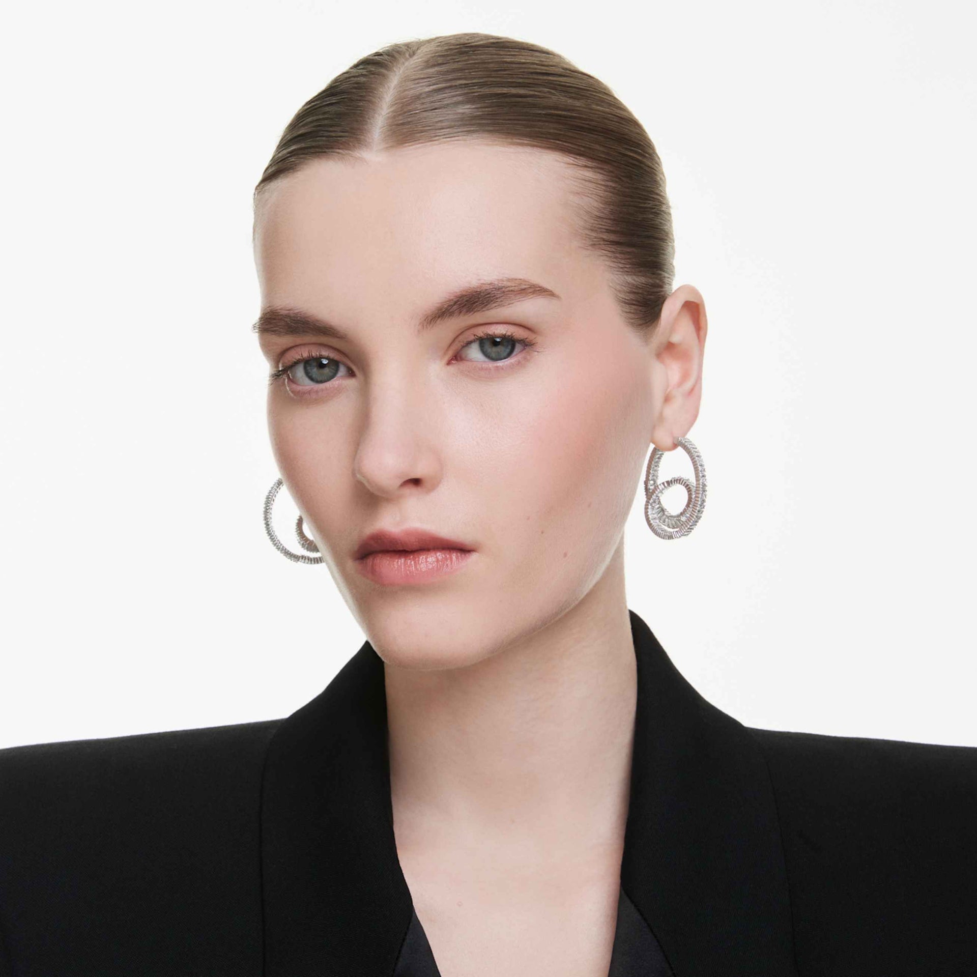 MATRIX HOOP EARRINGS BAGUETTE CUT RIBBON WHITE RHODIUM PLATED