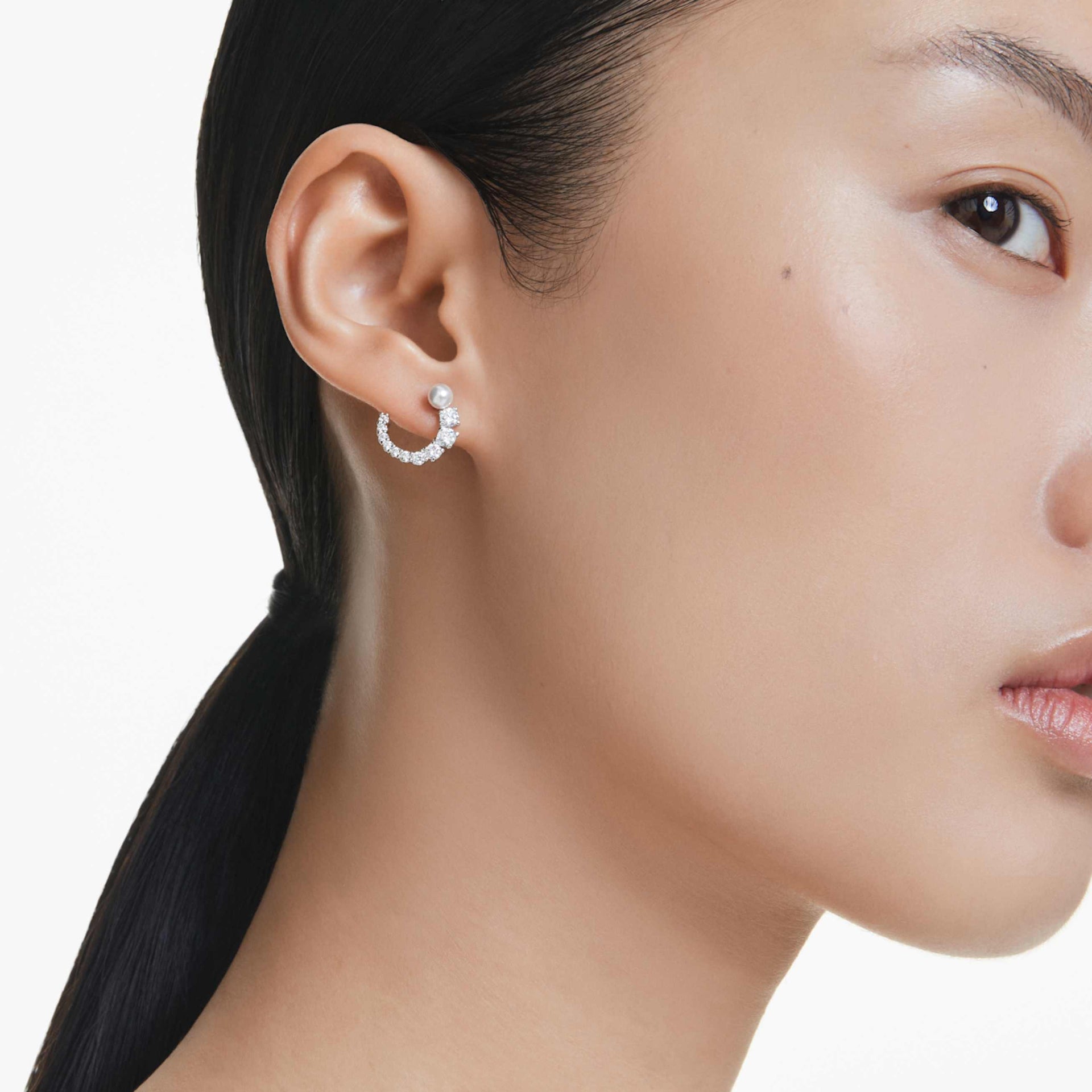 MATRIX HOOP EARRINGS CRYSTAL PEARL ROUND CUT WHITE RHODIUM PLATED