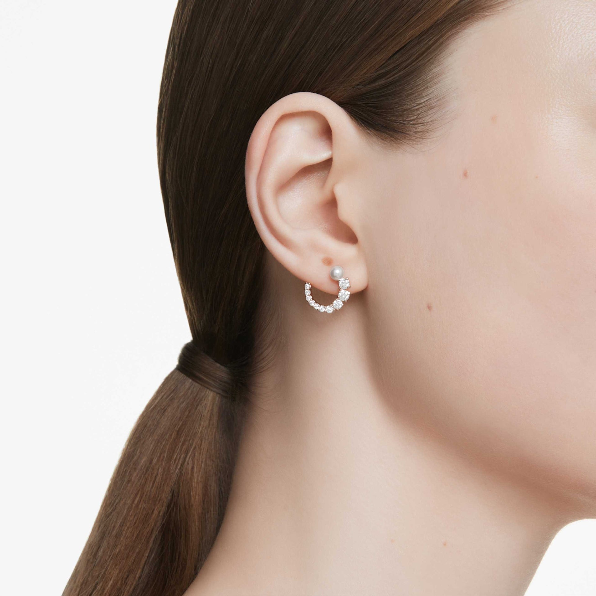 MATRIX HOOP EARRINGS CRYSTAL PEARL ROUND CUT WHITE ROSE GOLD TONE PLATED
