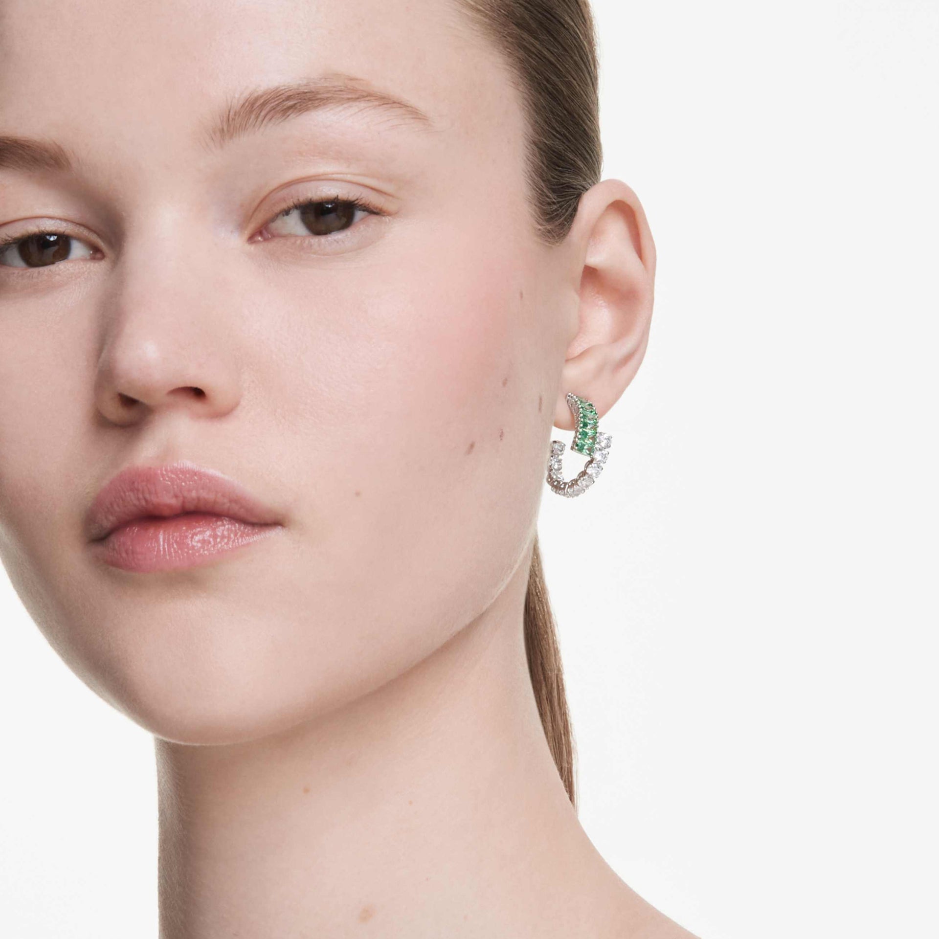 MATRIX HOOP EARRINGS MIXED CUTS GREEN RHODIUM PLATED
