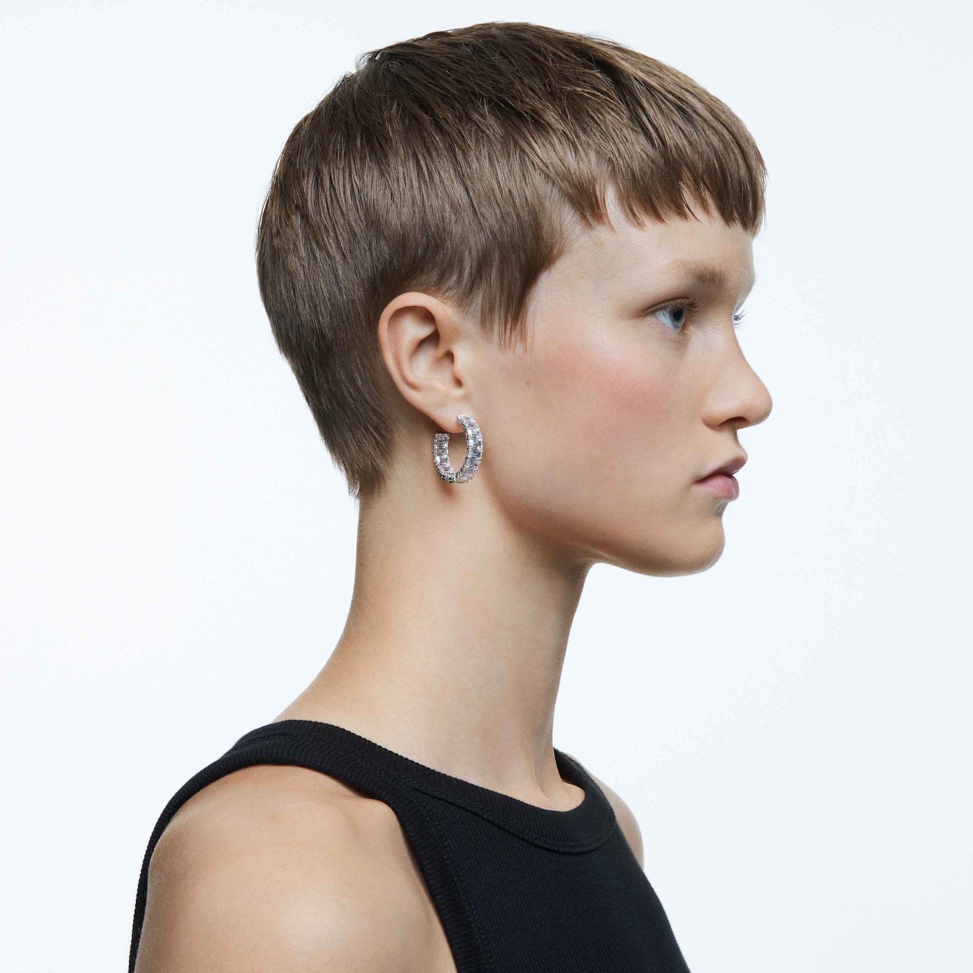 MATRIX HOOP EARRINGS OCTAGON CUT WHITE RHODIUM PLATED