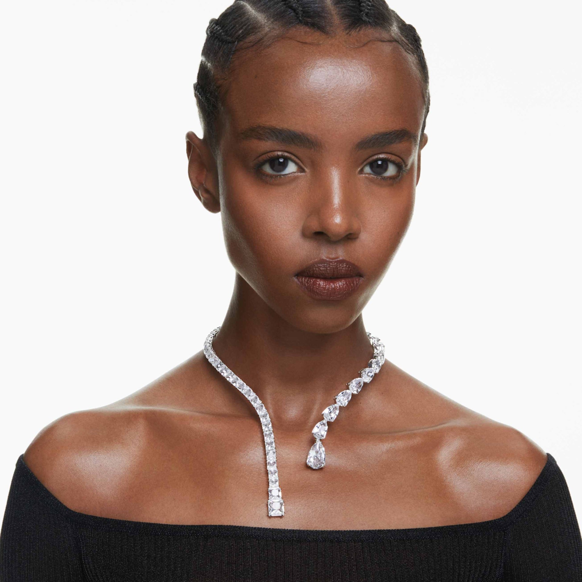 MATRIX OPEN NECKLACE MIXED CUTS WHITE RHODIUM PLATED
