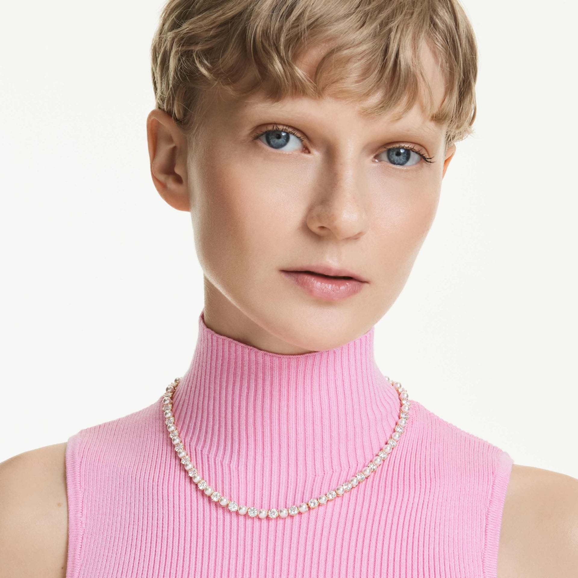 MATRIX TENNIS NECKLACE CRYSTAL PEARL ROUND CUT WHITE GOLD TONE PLATED