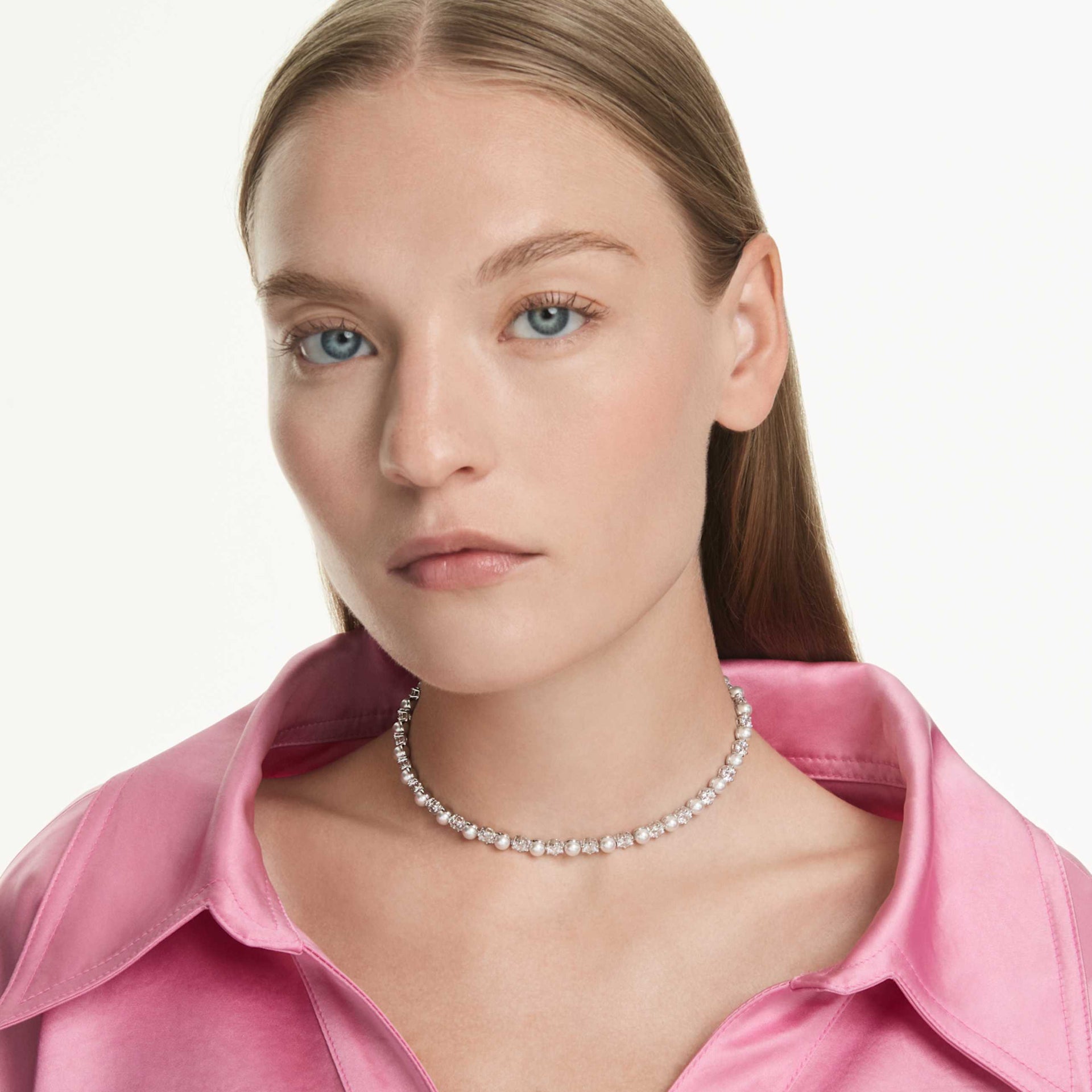 MATRIX TENNIS NECKLACE CRYSTAL PEARL ROUND CUT WHITE RHODIUM PLATED