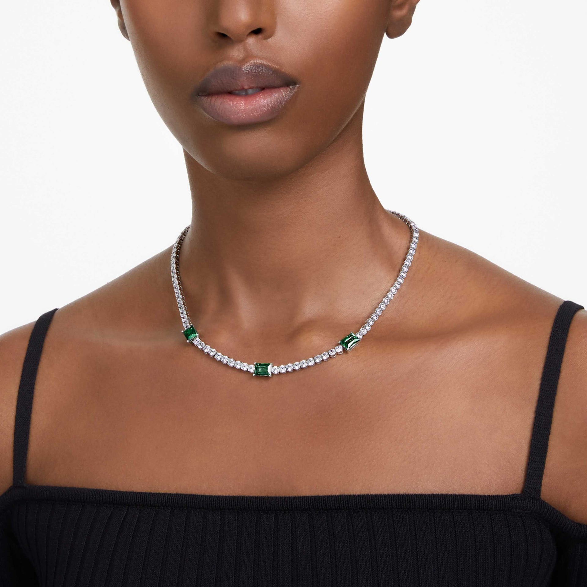 MATRIX TENNIS NECKLACE MIXED CUTS GREEN RHODIUM PLATED