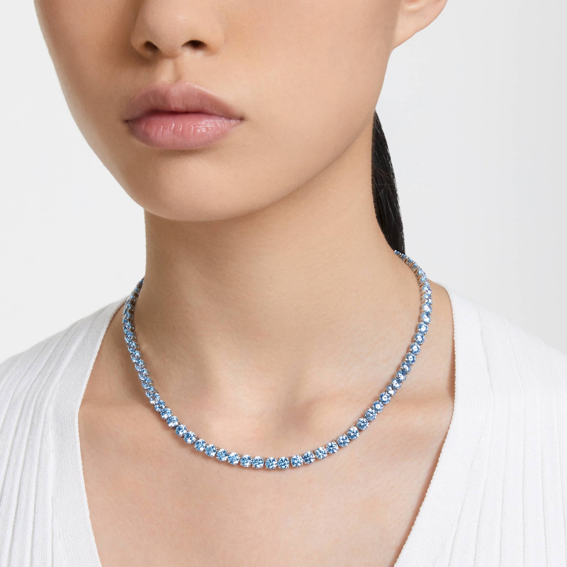 MATRIX TENNIS NECKLACE ROUND CUT MEDIUM BLUE RHODIUM PLATED