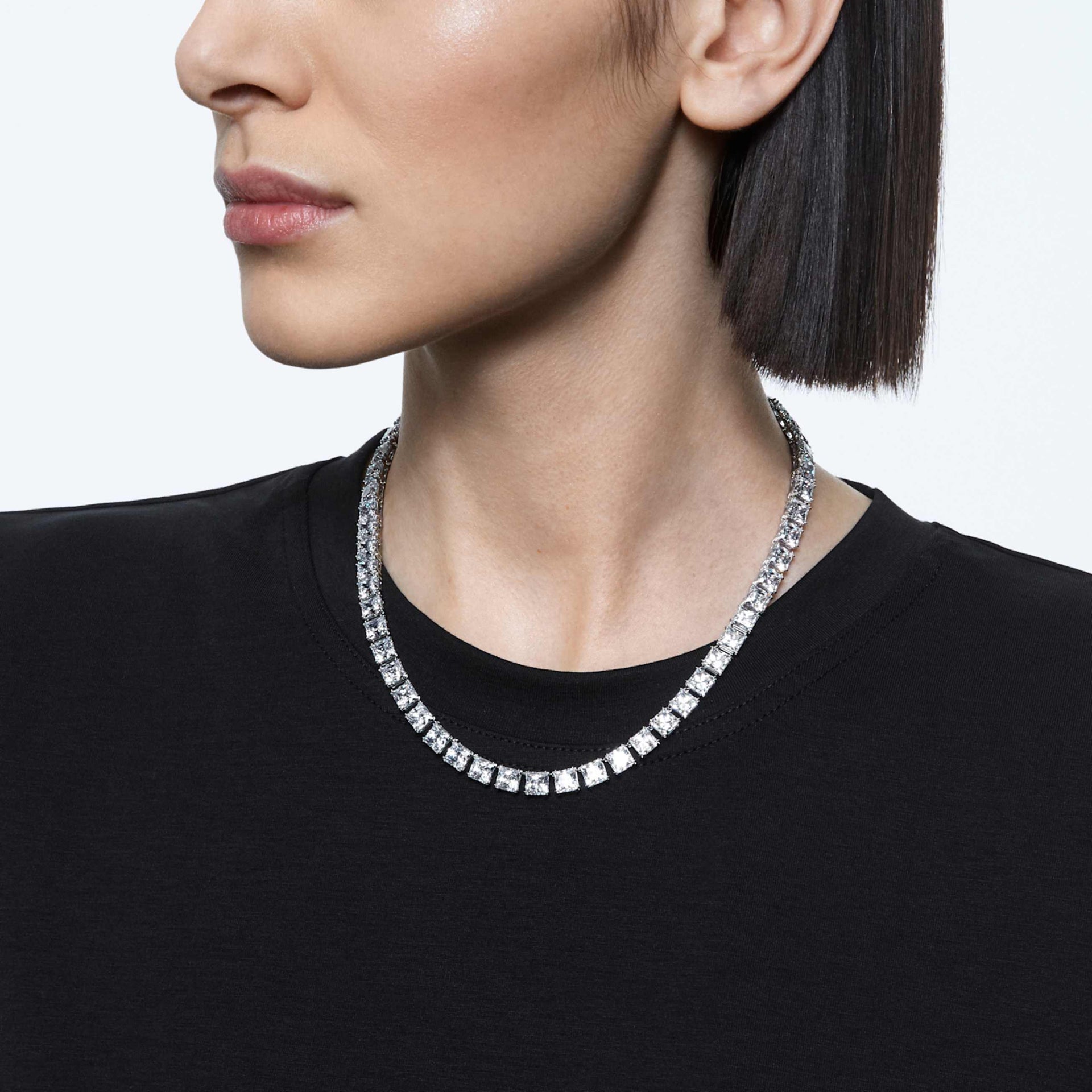 MATRIX TENNIS NECKLACE SQUARE CUT WHITE RHODIUM PLATED