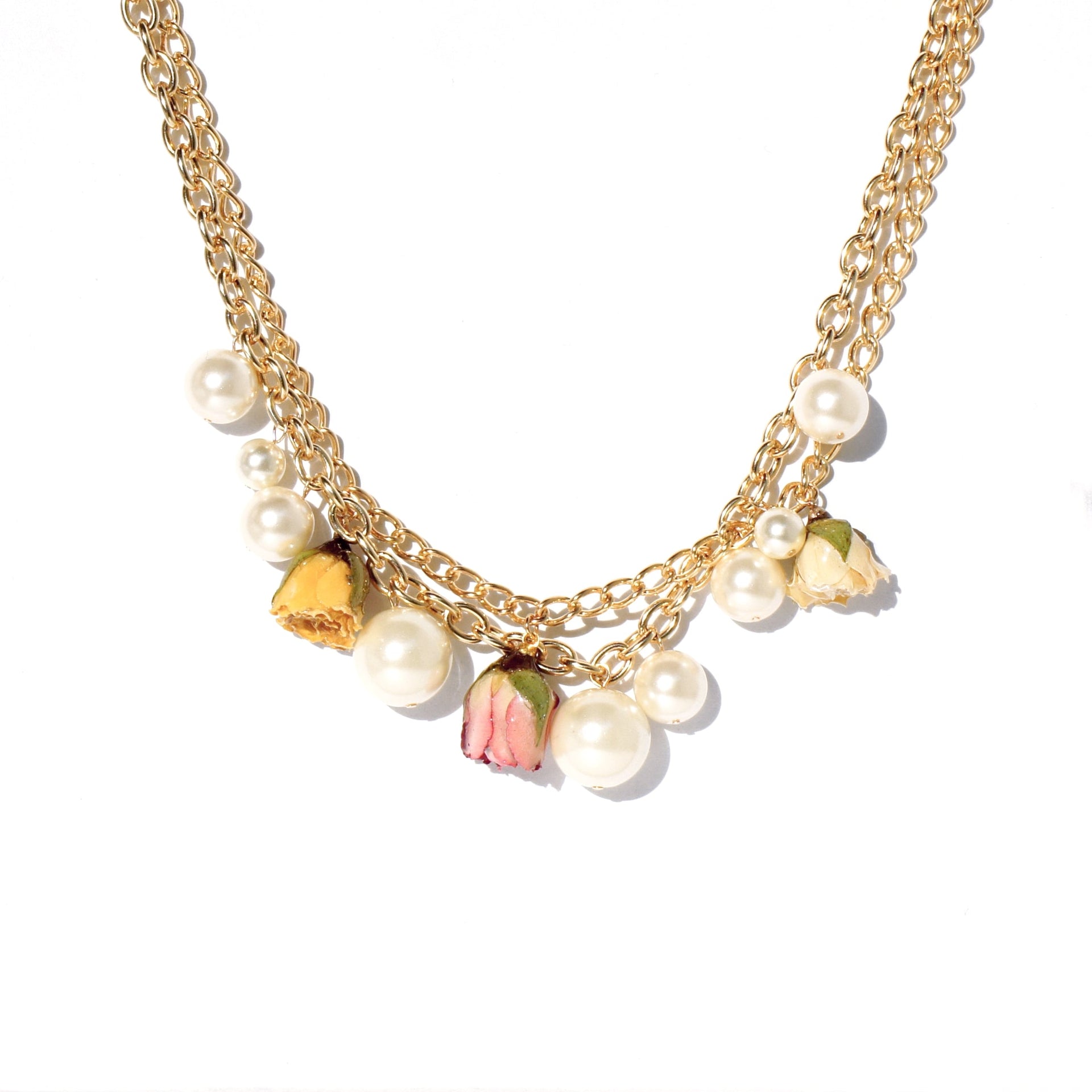 Real Flower Queen Anne Charm Necklace With Real Rosebuds And Pearls