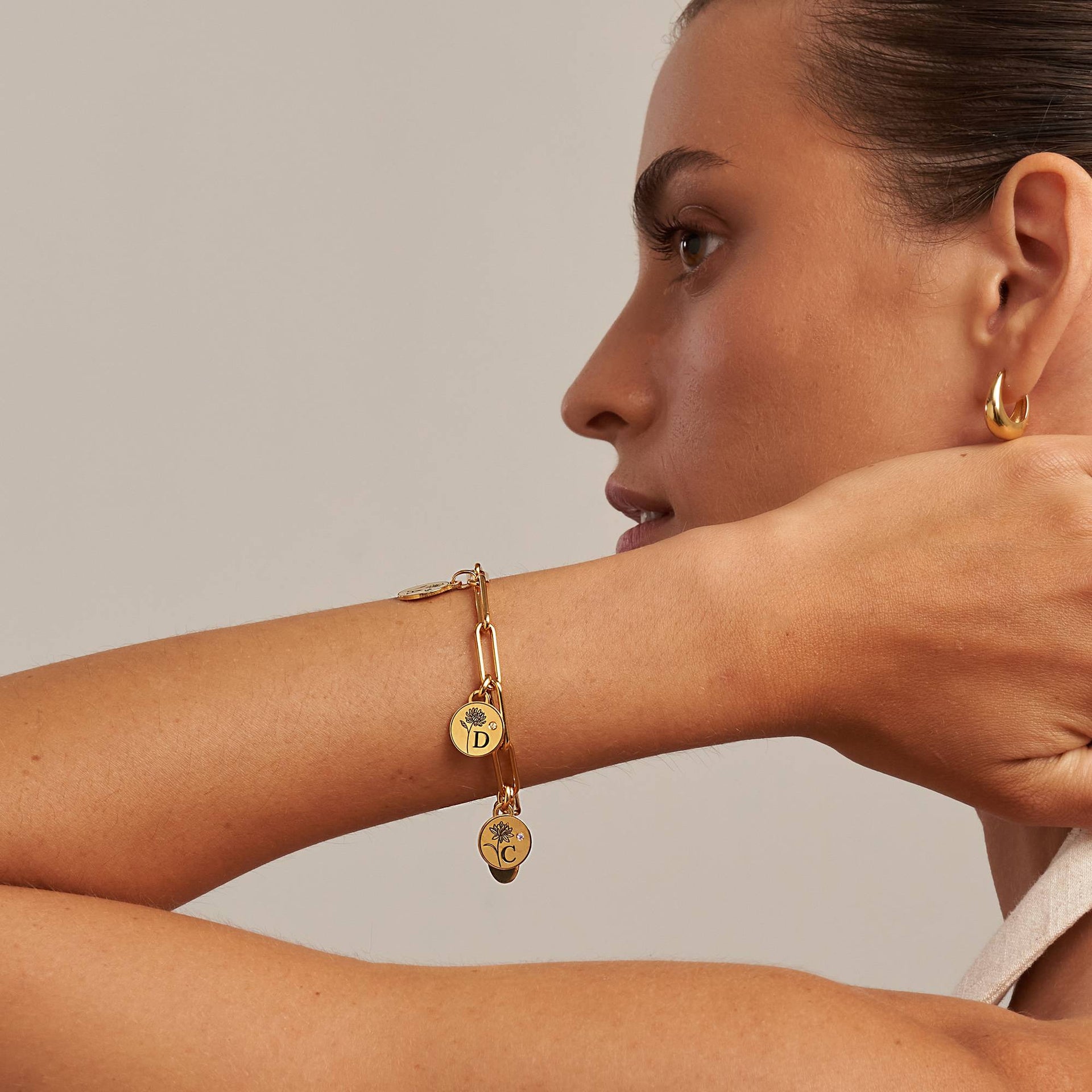 Prairie Birth Flower and Birthstone Initial Charm Bracelet in 18K Gold Plating