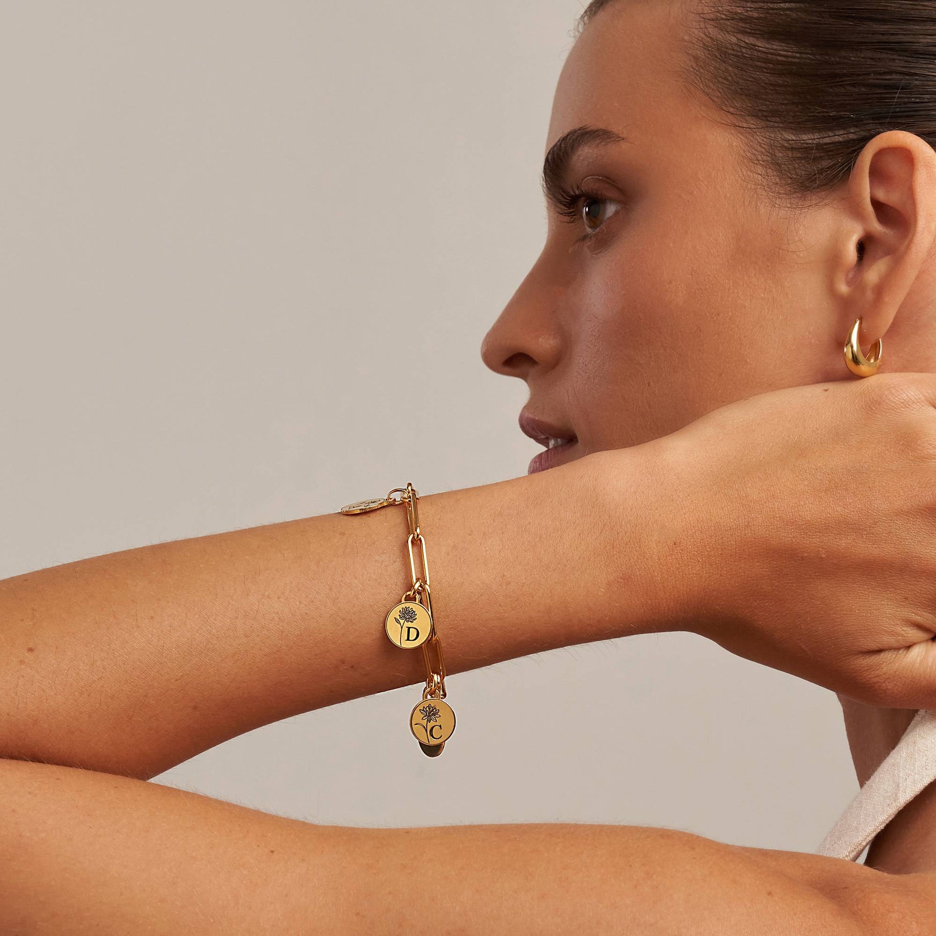 Prairie Birth Flower Initial Charm Bracelet in 18K Gold Plating