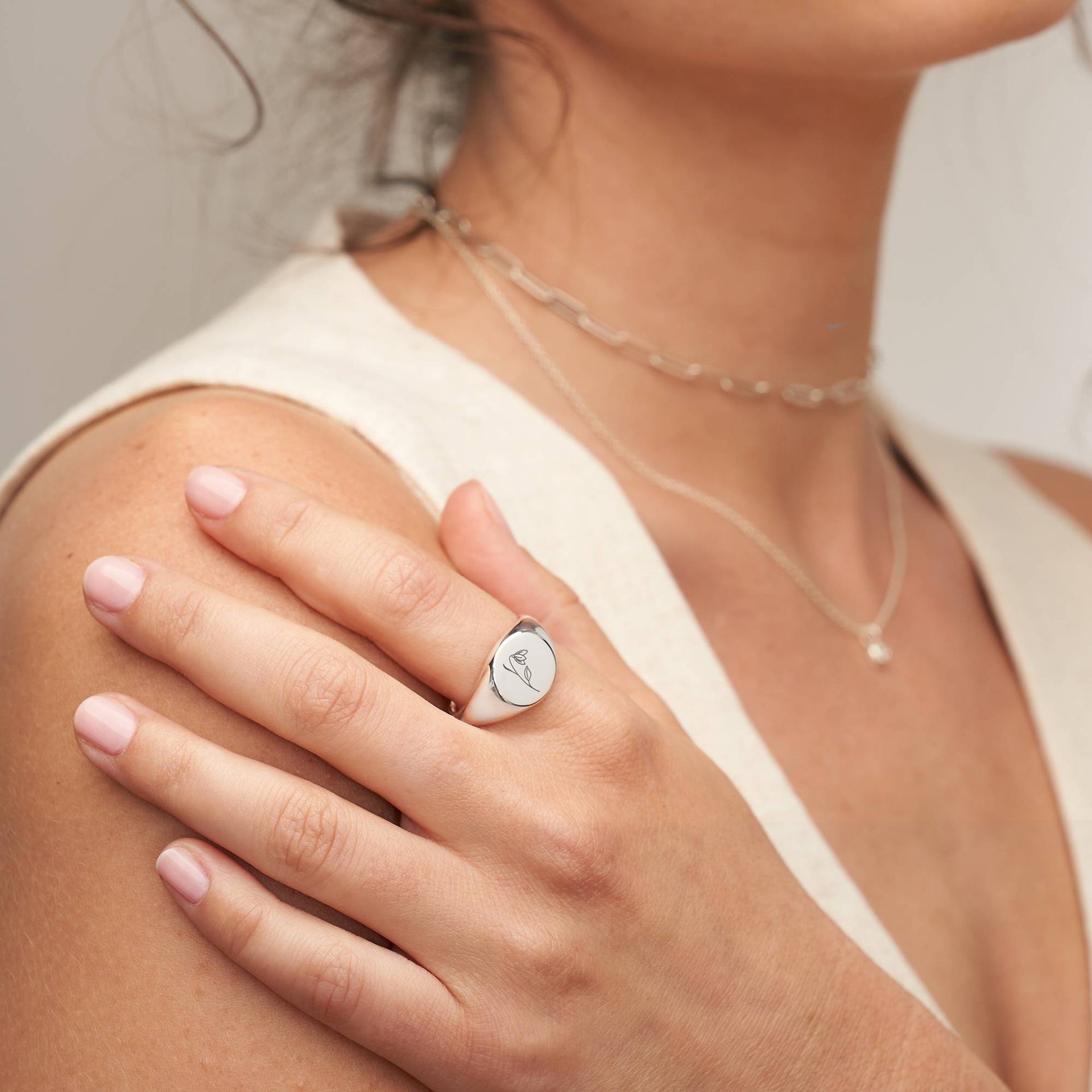 Prairie Birth Flower Signet Ring in Sterling Silver