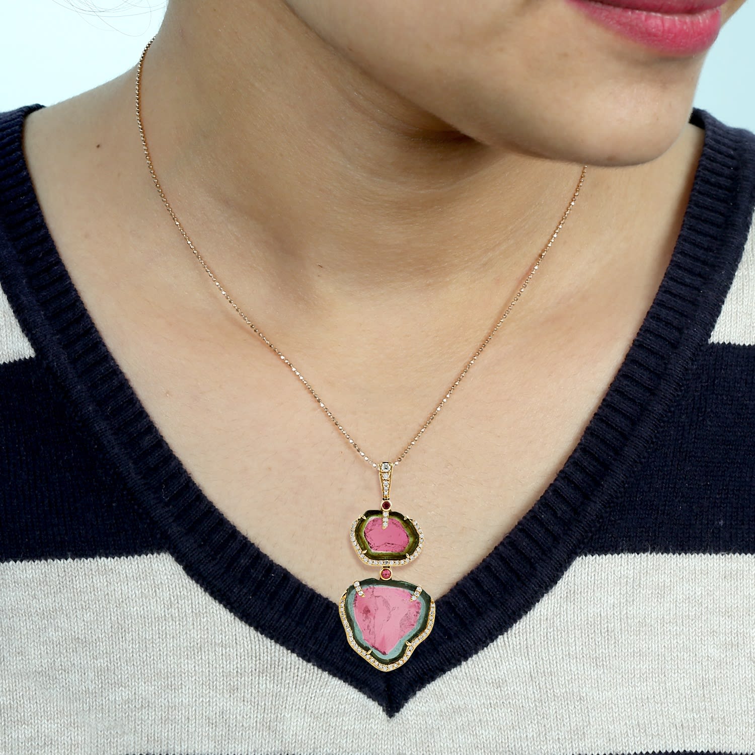 Melon Tourmaline & Pink Tourmaline Pave Diamond Pendant In Yellow Gold