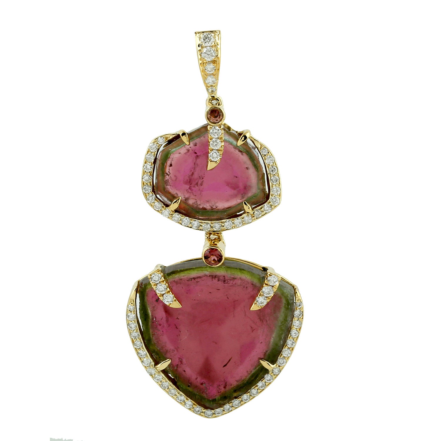 Melon Tourmaline & Pink Tourmaline Pave Diamond Pendant In Yellow Gold
