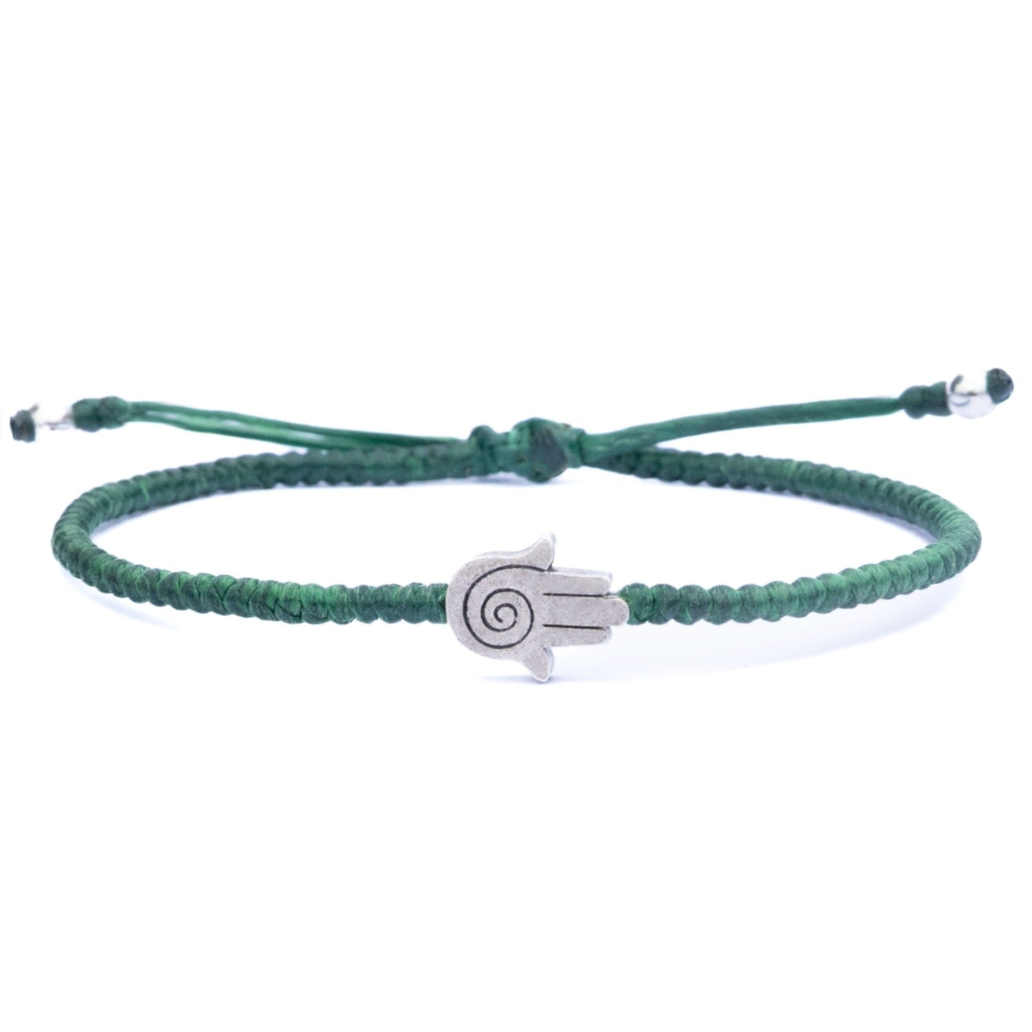 Womens Sterling Silver & Green Rope Hamsa Bracelet