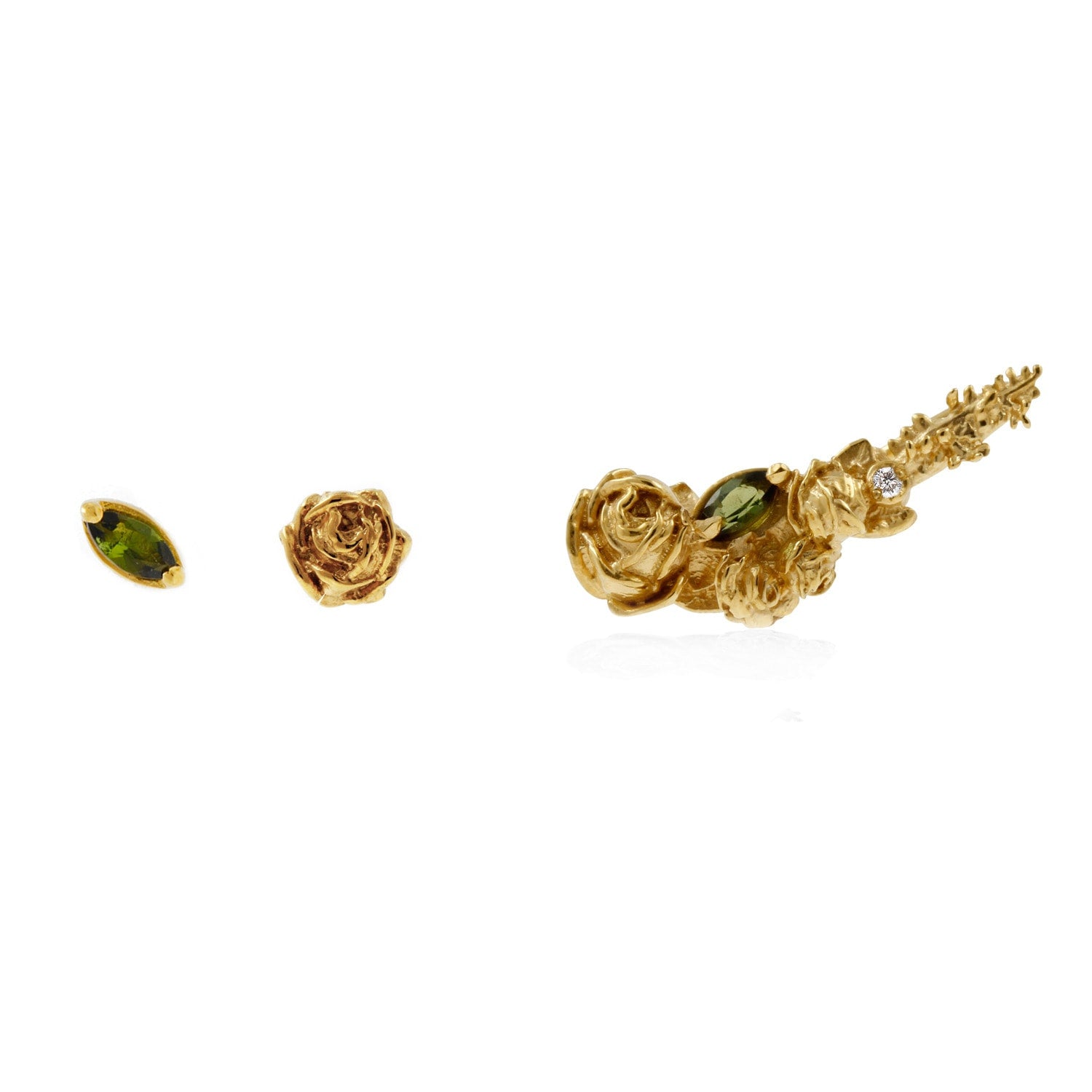 Three Earrings Set - Roses & Tourmalines - Gold