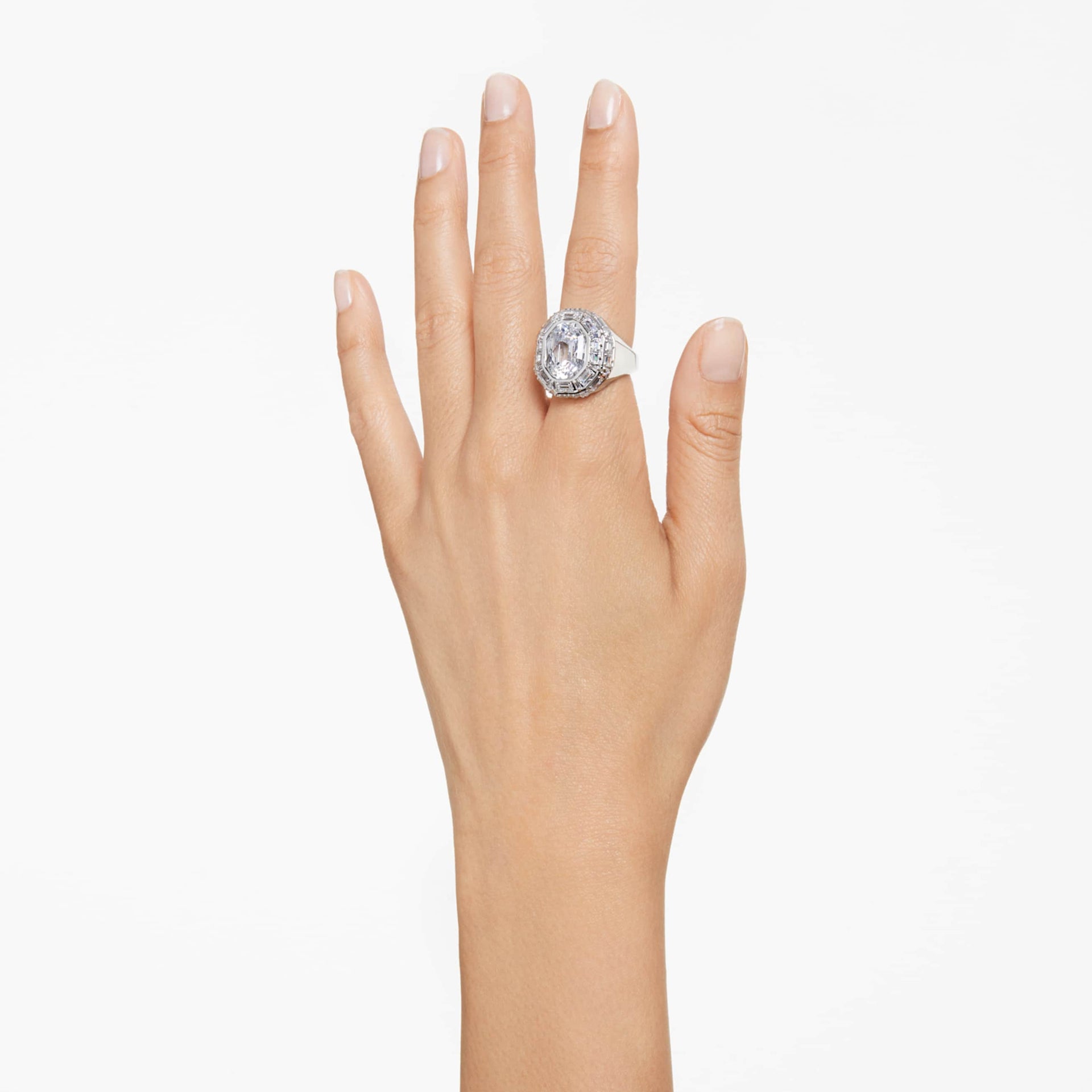 MESMERA COCKTAIL RING OCTAGON CUT WHITE SILVER TONE FINISH