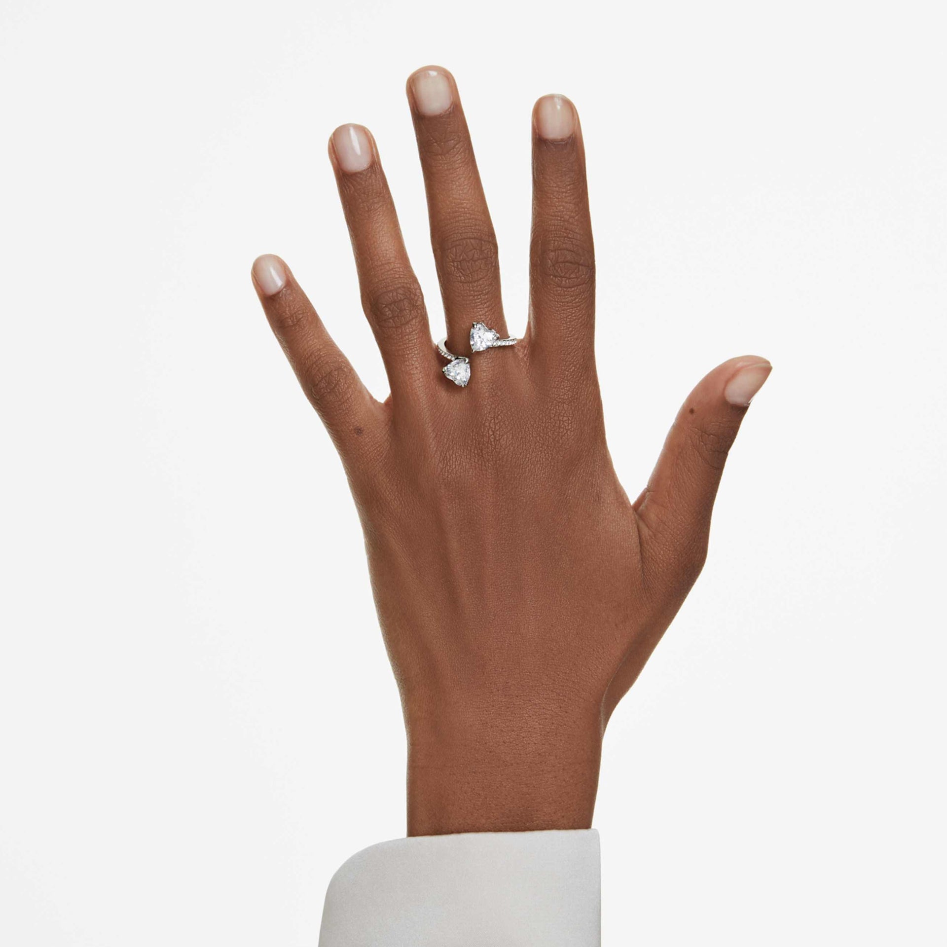 MESMERA OPEN RING HEART CUT PAVE WHITE RHODIUM PLATED