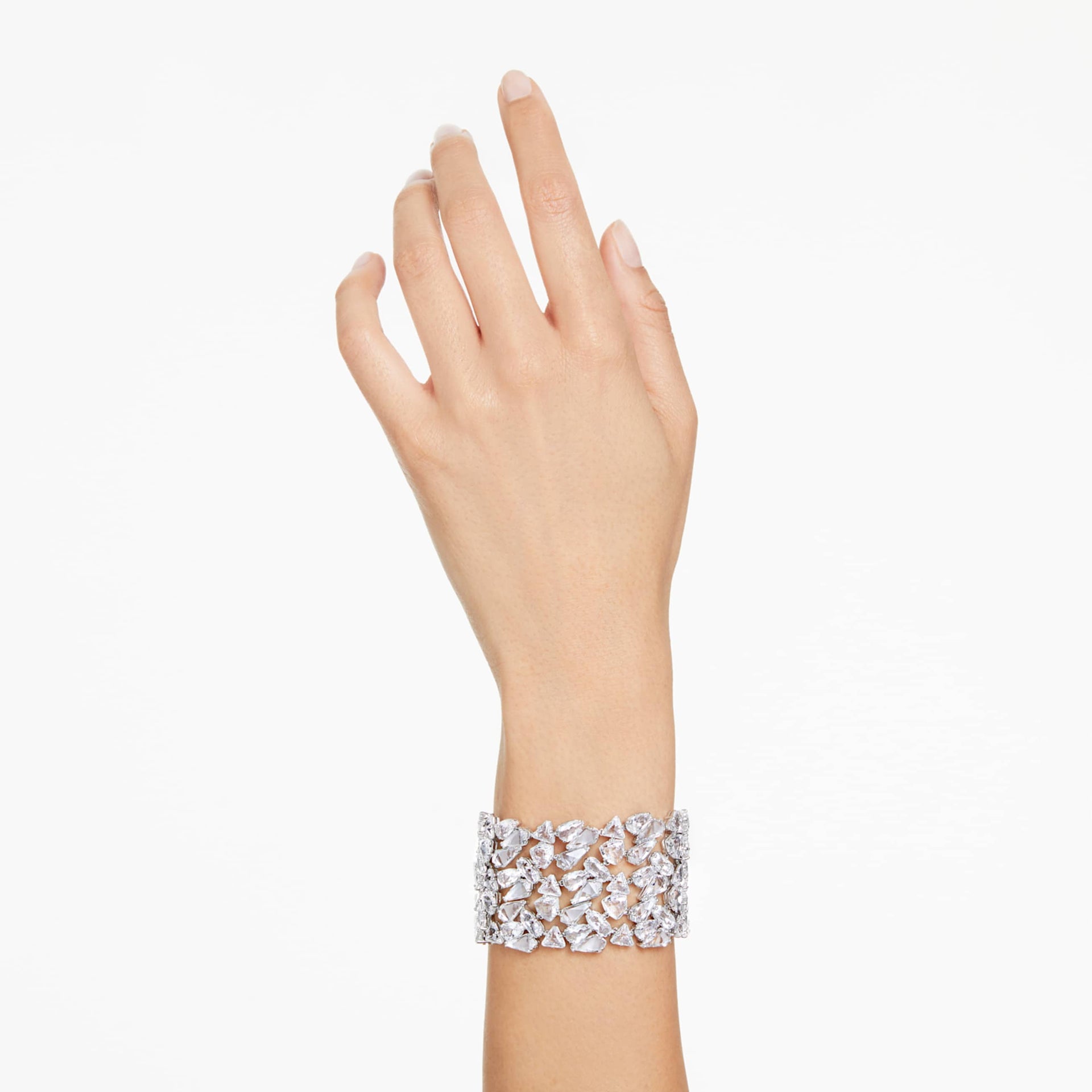 MESMERA WIDE BRACELET MIXED CUTS WHITE RHODIUM PLATED