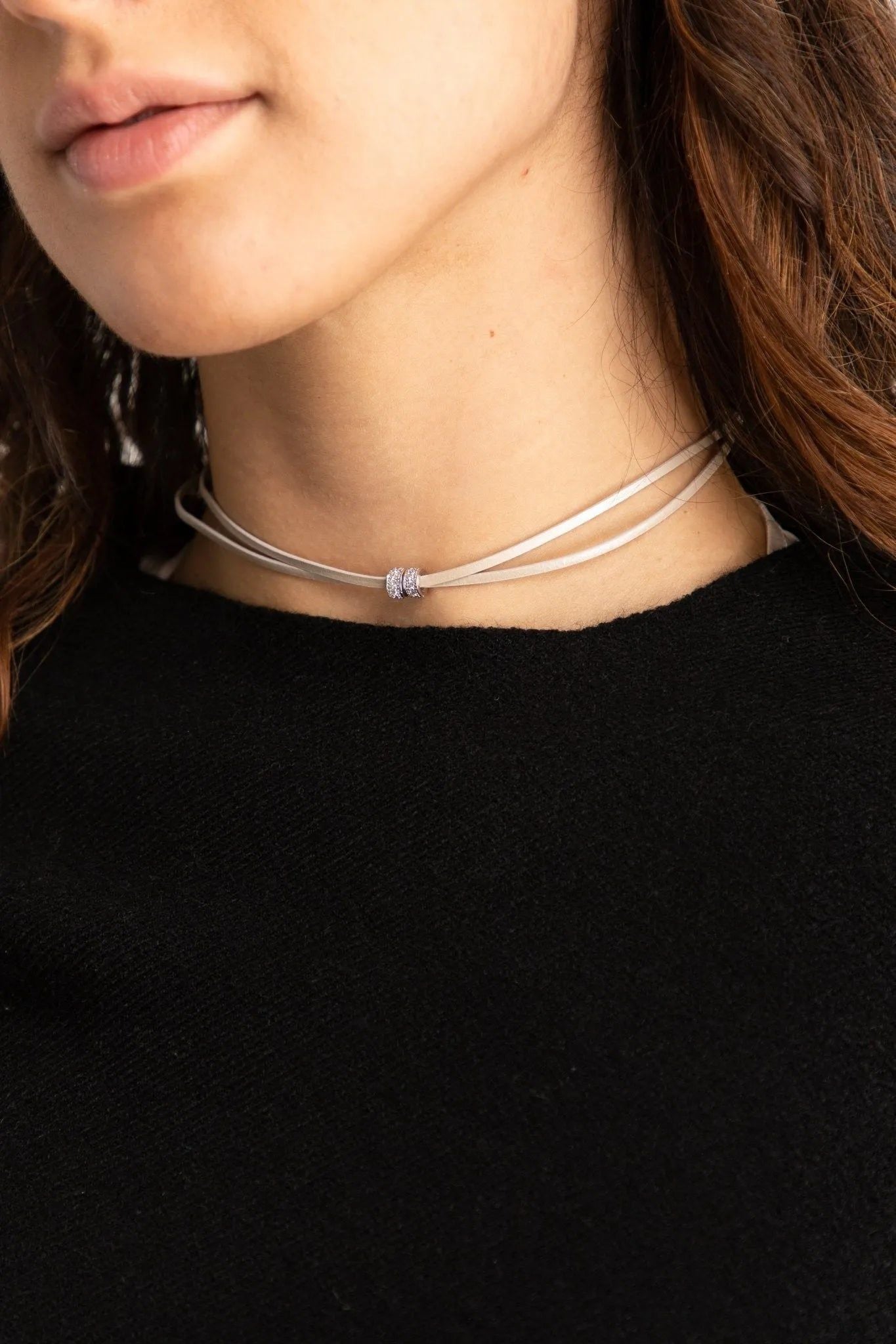 Metallic Taupe Leather Choker With Crystal
