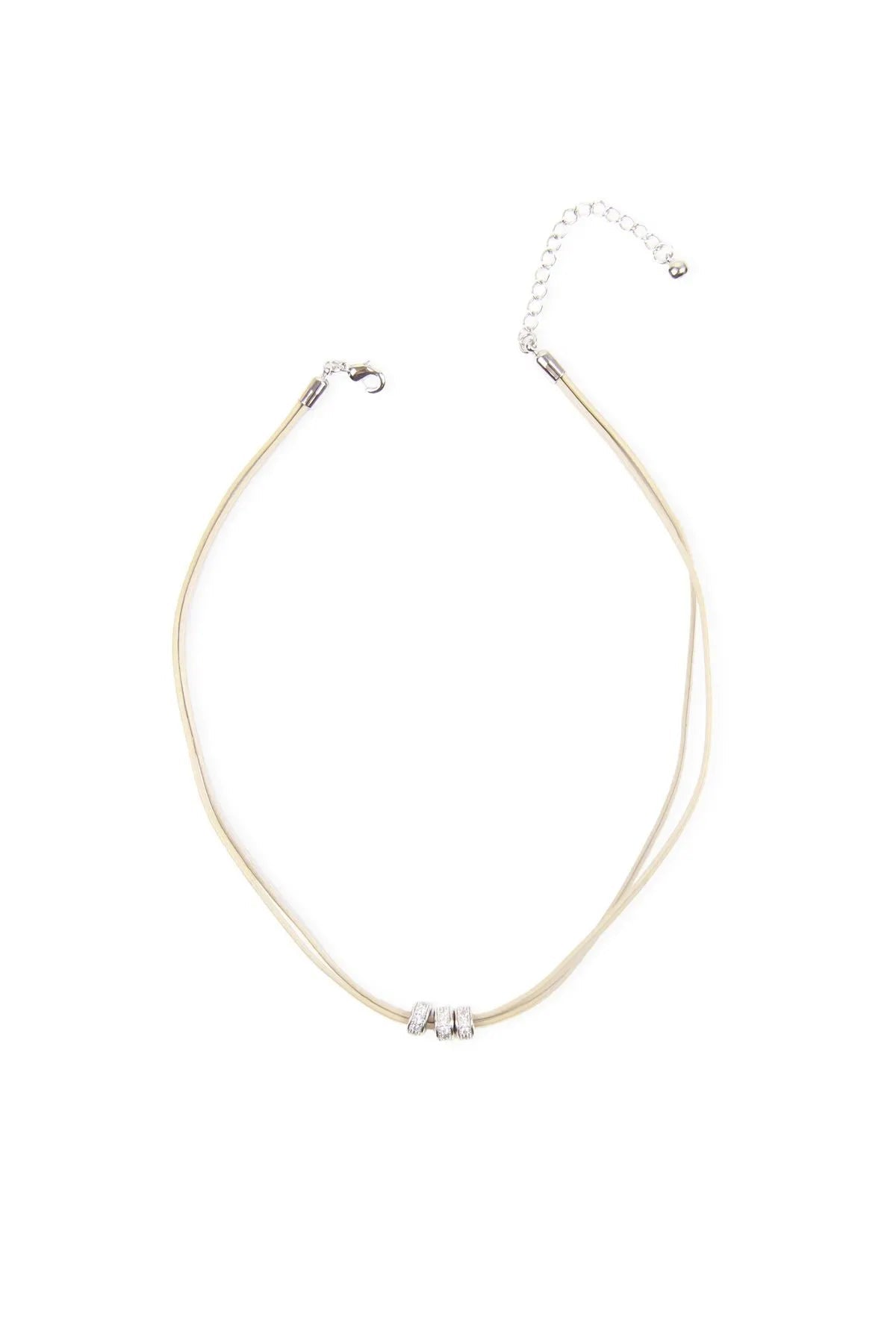 Metallic Taupe Leather Choker With Crystal