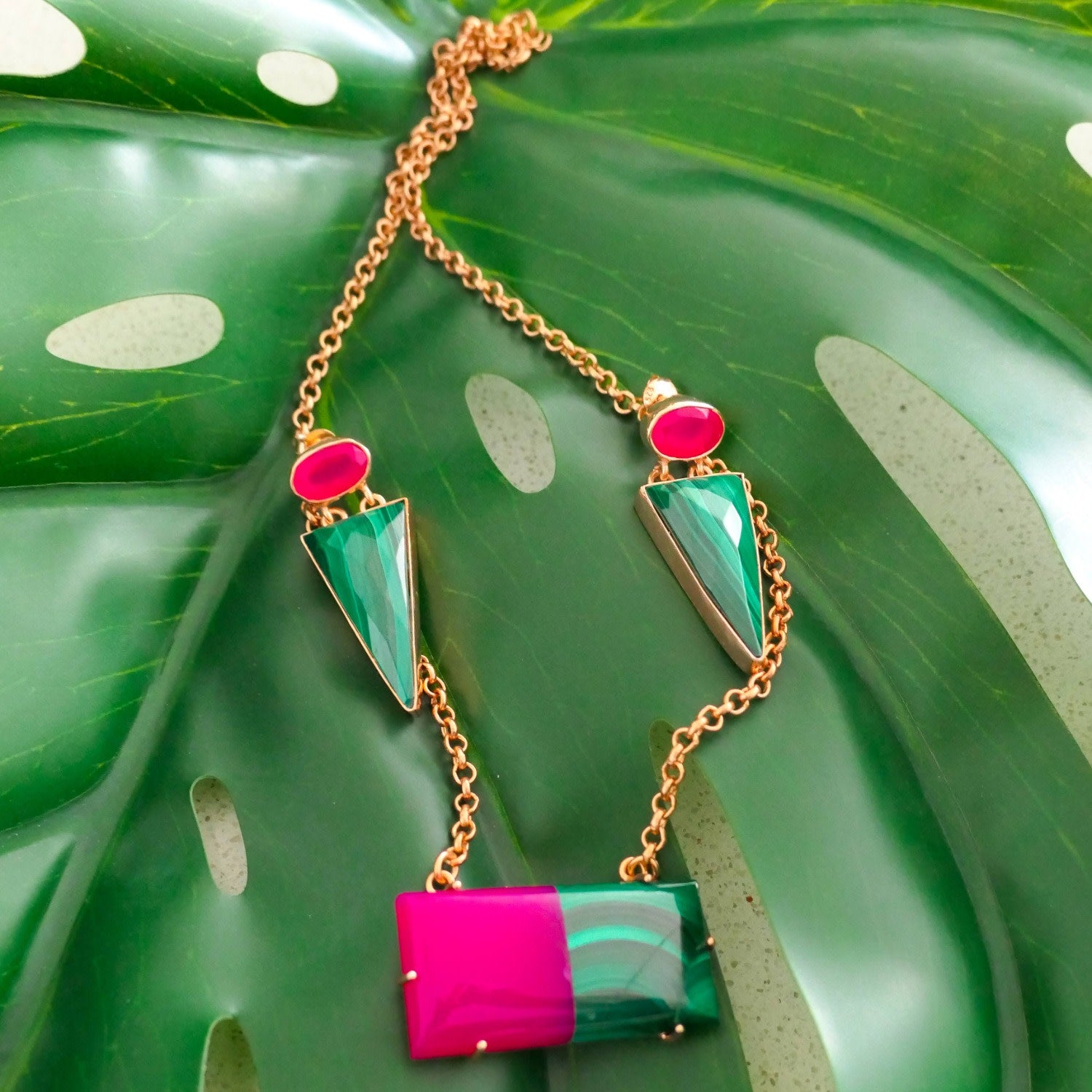 Lady Yvonne' Rose Gold Pink Green Gemstone Statement Necklace