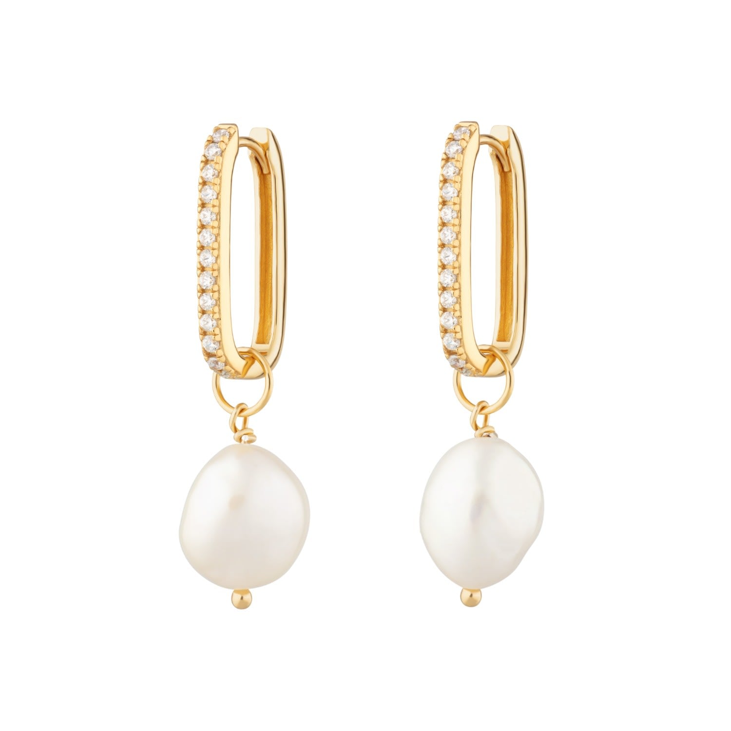 Gold Sparkle Oval Hoop Earrings With Baroque Pearls