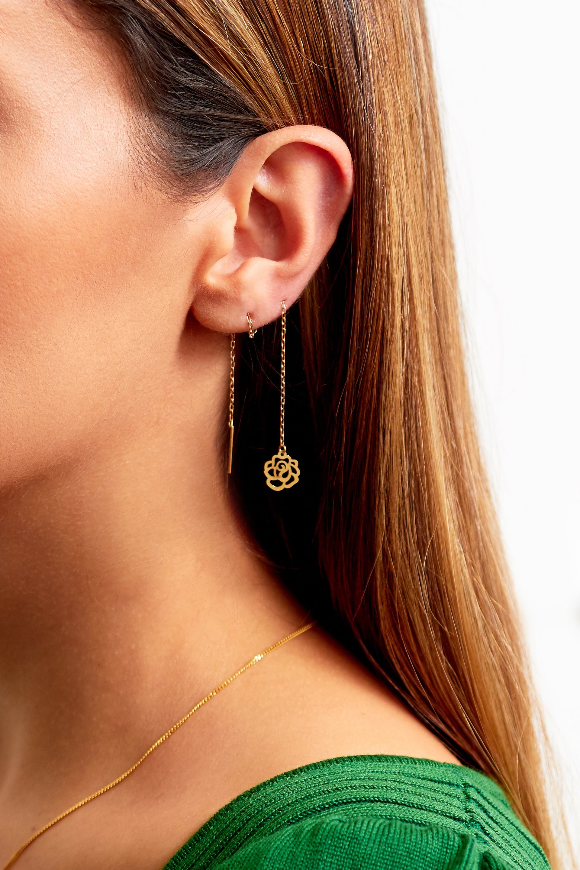 Flower Long Earrings Gold
