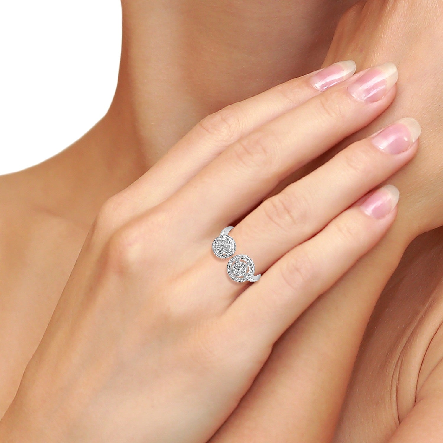 White Gold Adjustable Style Diamond Between Finger Ring
