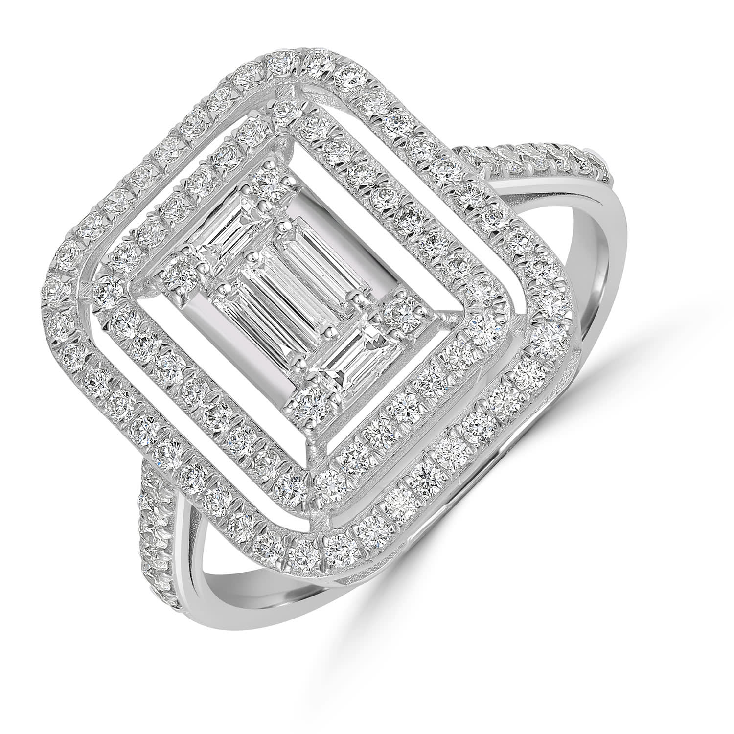 Geometric Baguette & Round Diamond Double Halo Ring In White Gold