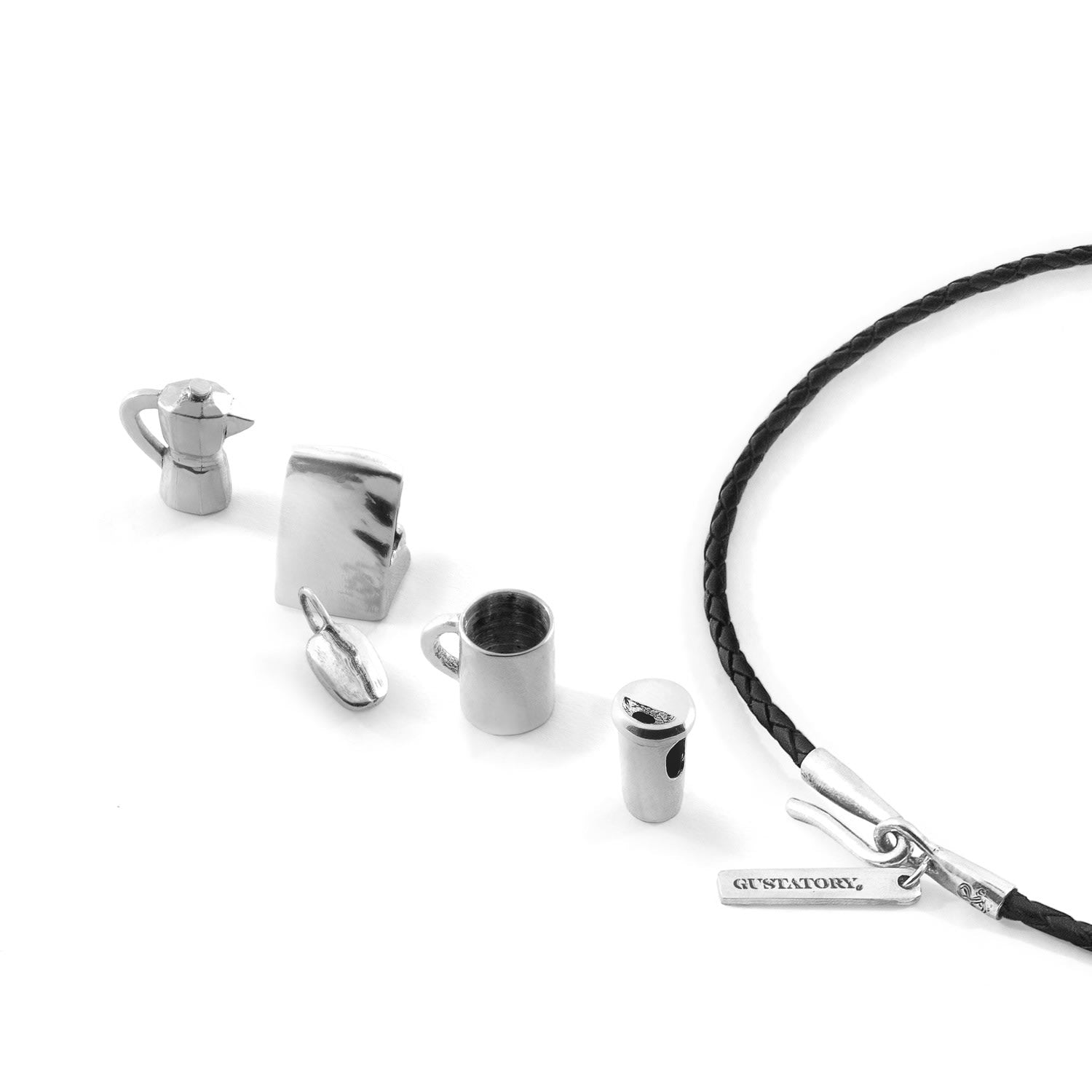 Midnight Black Gustatory Coffee Moka Pot Silver & Braided Leather Bracelet