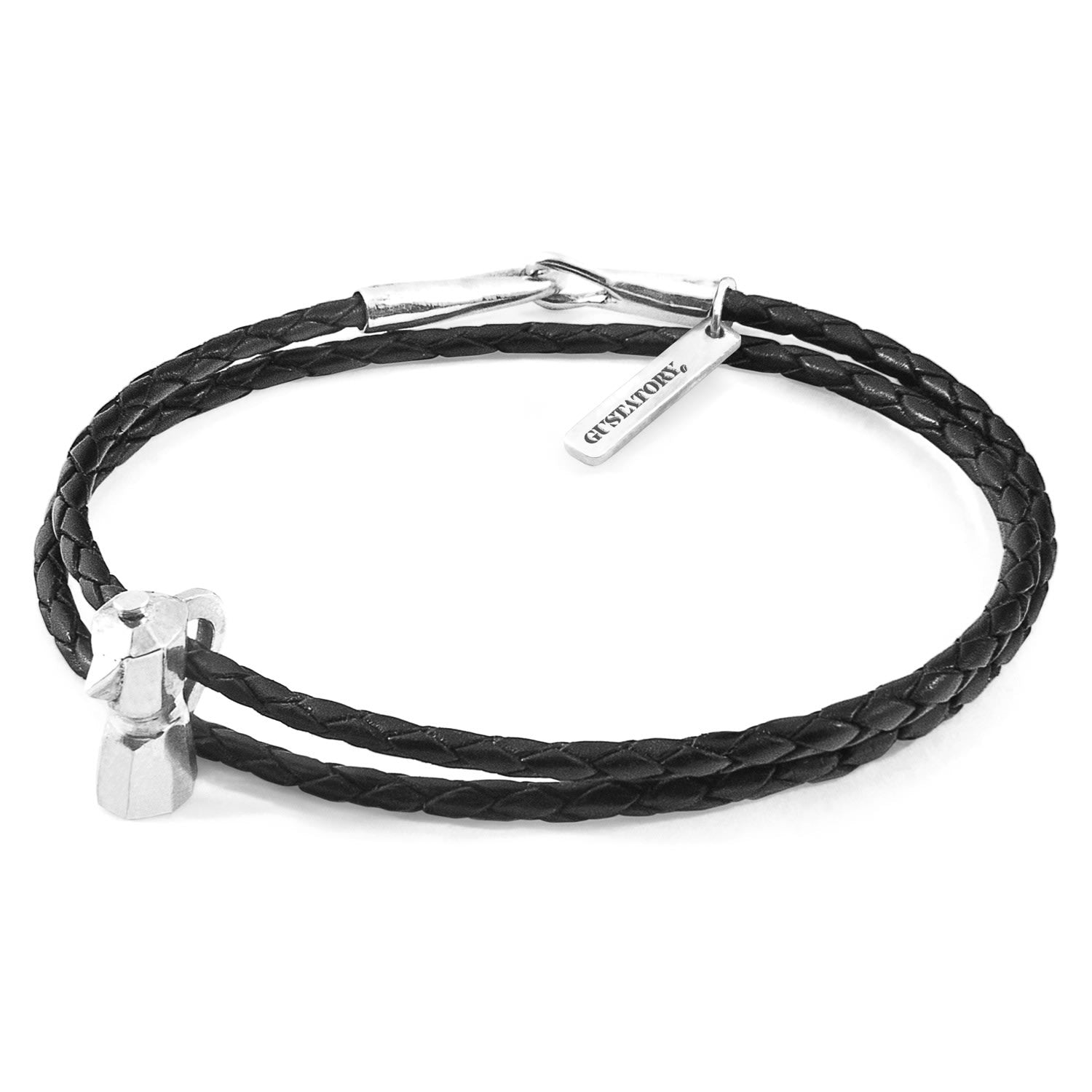 Midnight Black Gustatory Coffee Moka Pot Silver & Braided Leather Bracelet