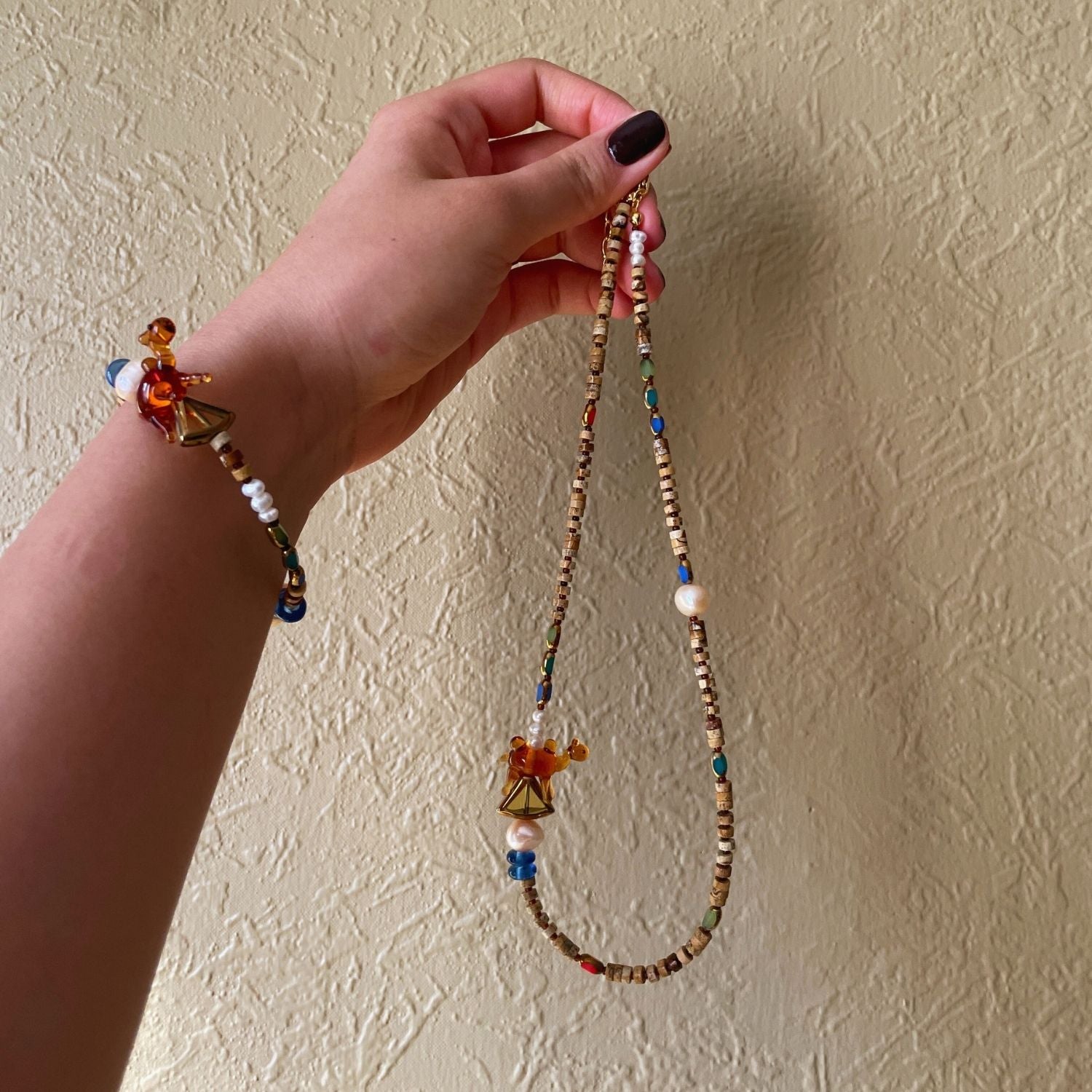 Midnight Stroll – Handmade Murano Glass Camel Necklace With Jasper, Pearl & Bohemian Glass Beads