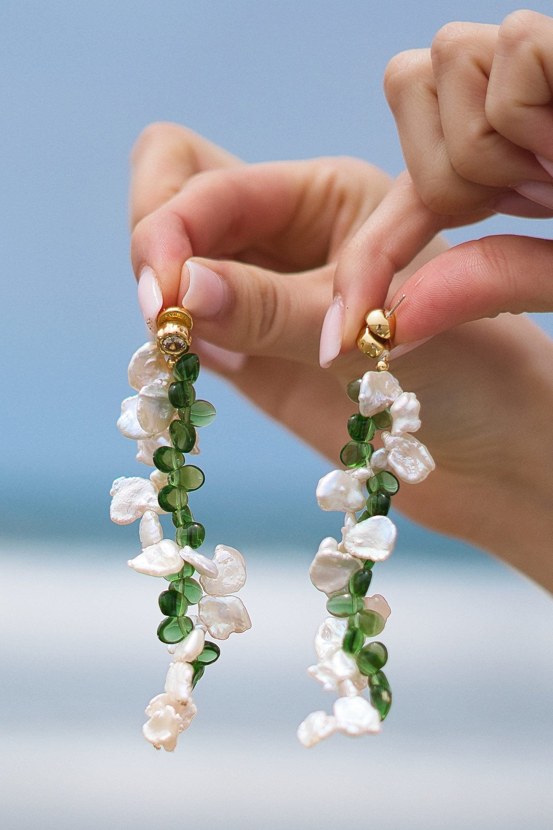 Midori Pearl Petal & Peridot Tassel Earrings