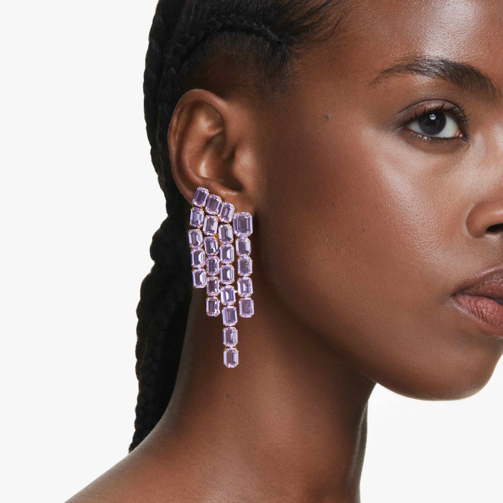 MILLENIA CLIP EARRINGS OCTAGON CUT CHANDELIER PURPLE GOLD TONE PLATED