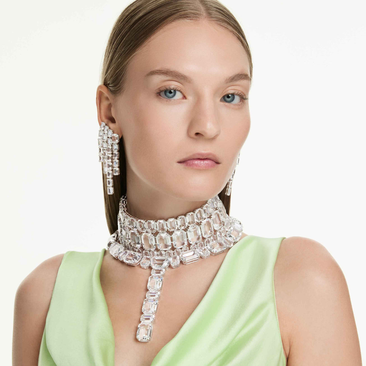 MILLENIA CLIP EARRINGS OCTAGON CUT CHANDELIER WHITE RHODIUM PLATED
