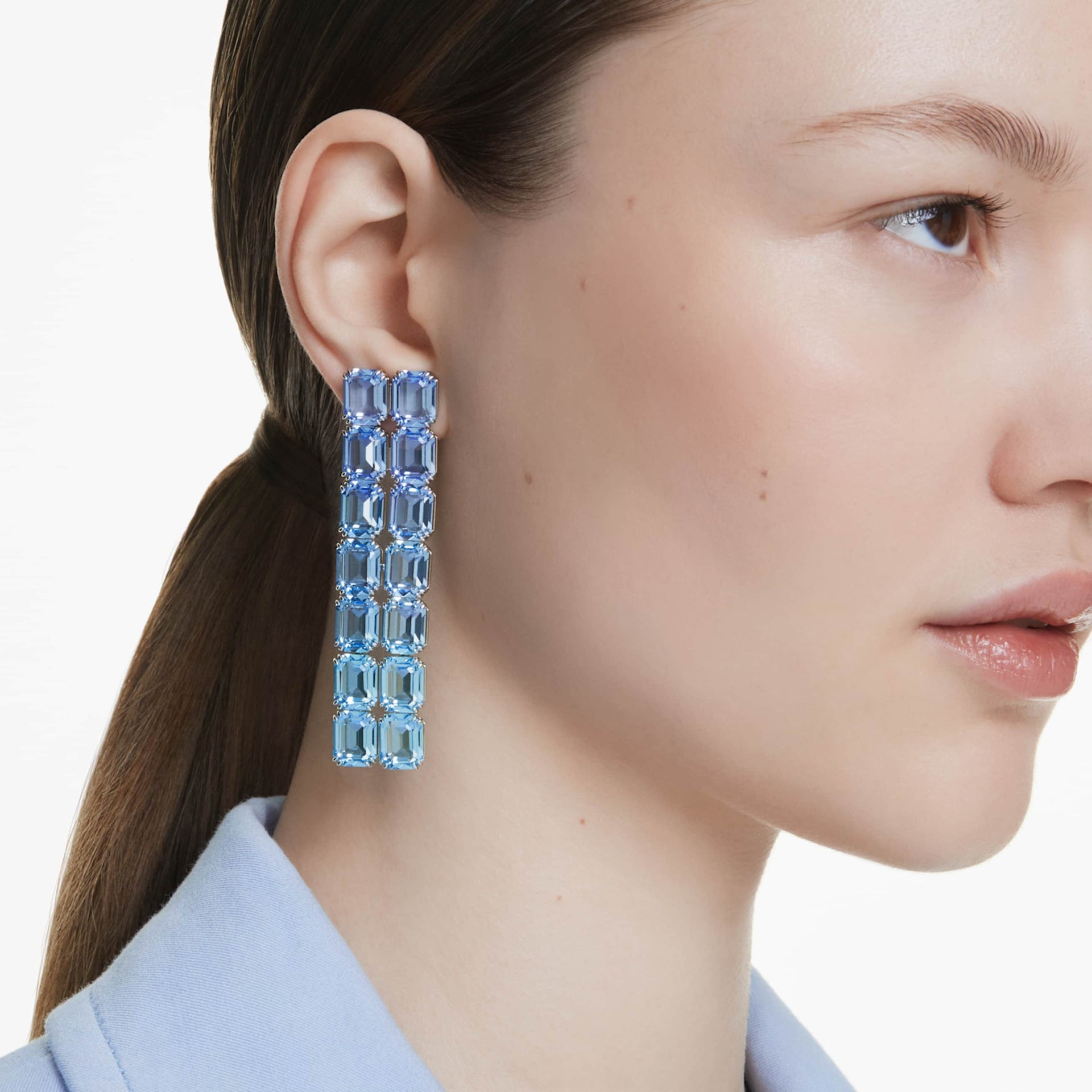 MILLENIA CLIP EARRINGS OCTAGON CUT COLOR GRADIENT LONG BLUE RHODIUM PLATED