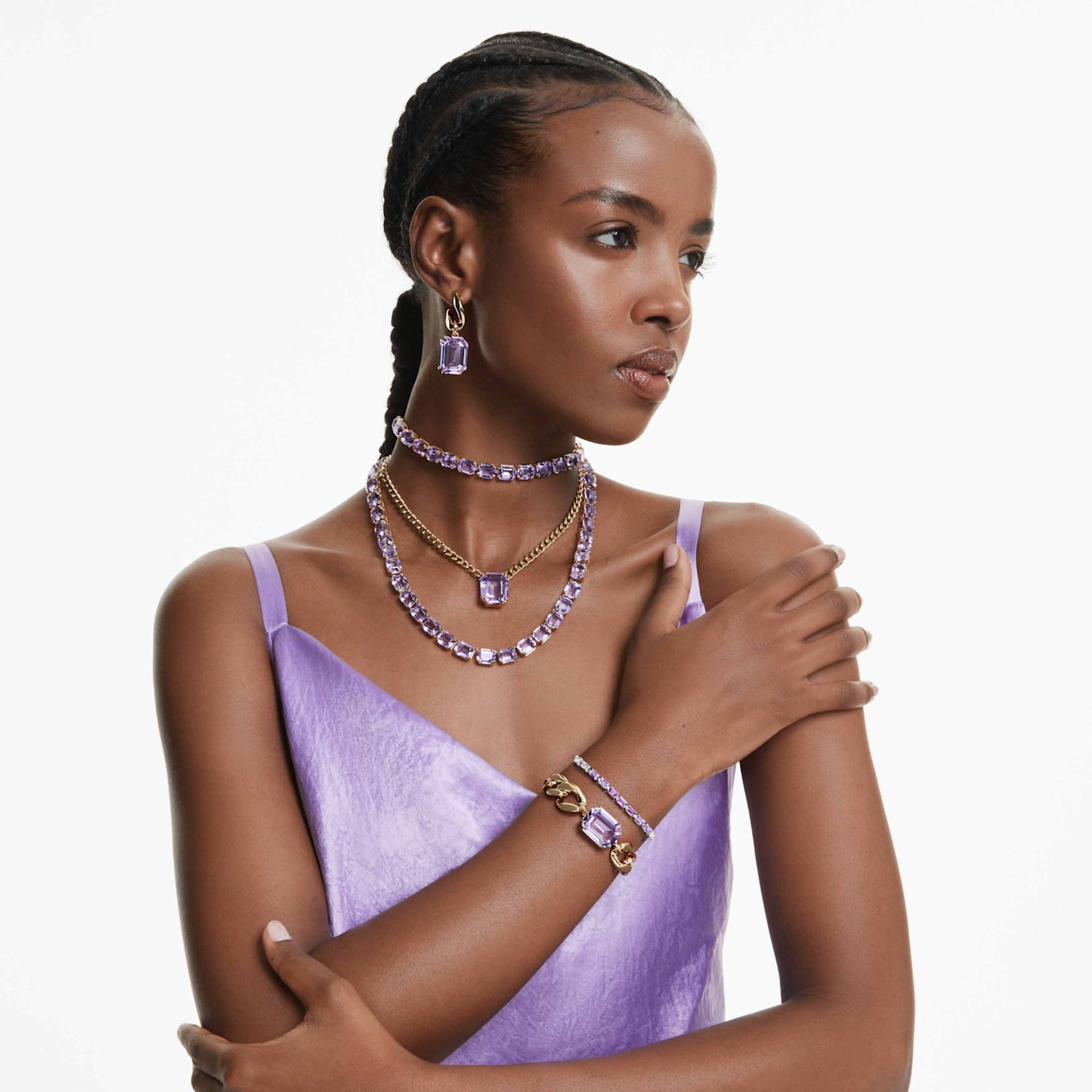 MILLENIA DROP EARRINGS OCTAGON CUT PURPLE GOLD TONE PLATED