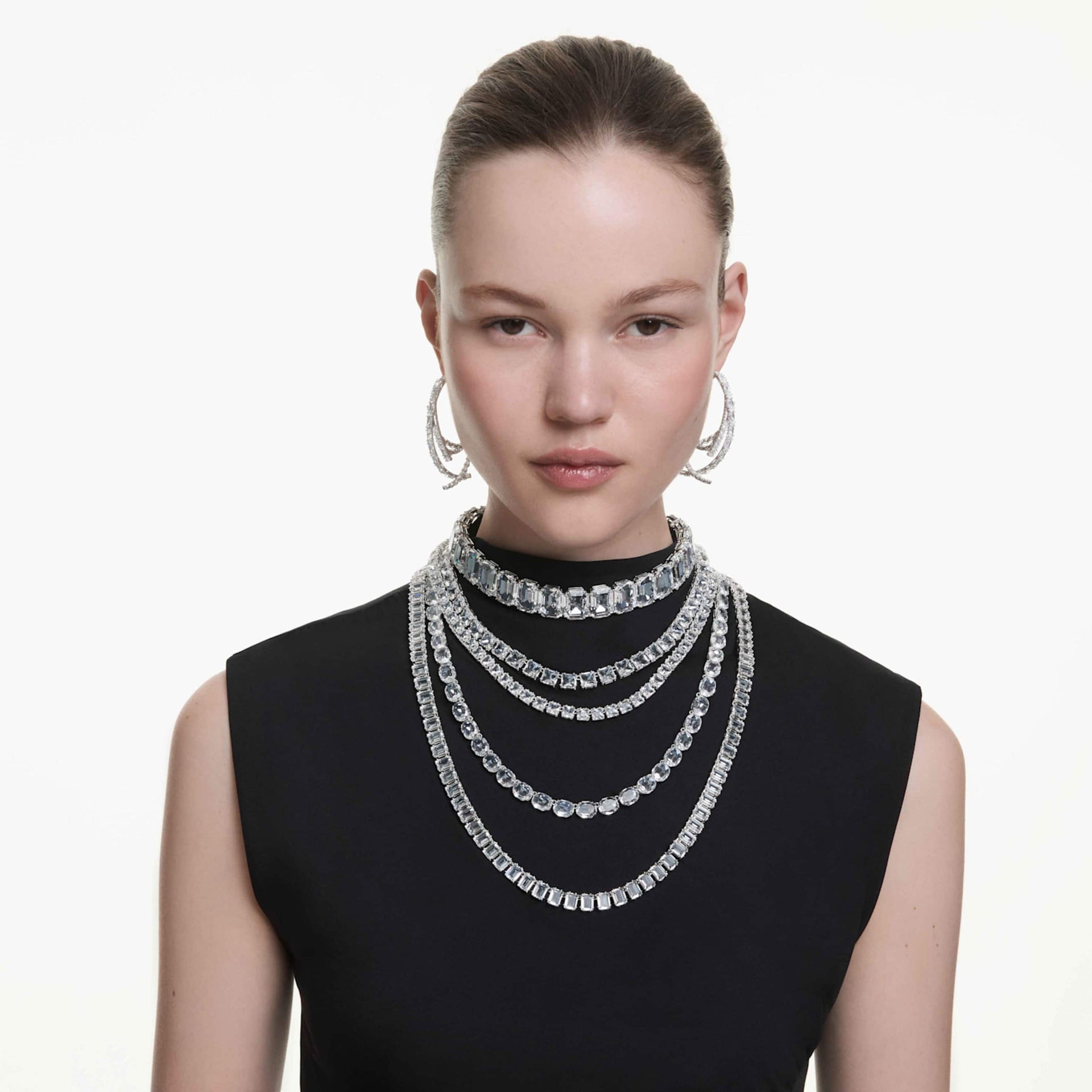 MILLENIA LAYERED NECKLACE MIXED CUTS WHITE RHODIUM PLATED